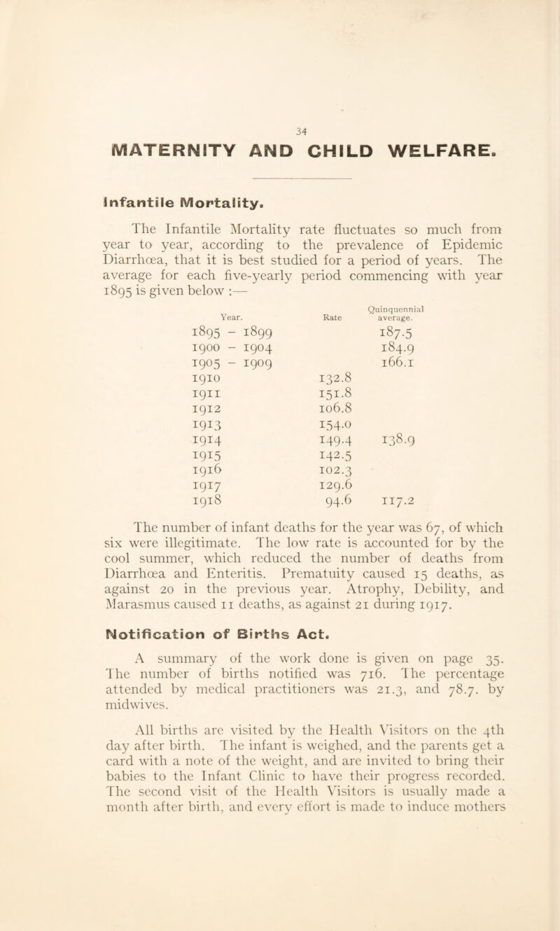 MATERNITY AND CHILD WELFARE- Infantile Mortality. The Infantile Mortality rate fluctuates so much from year to year, according to the prevalence of Epidemic Diarrhoea, that it is best studied for a period of years. The average for each five-yearly period commencing with year 1895 is given below :— Year. Rate Quinquennial average. 1895 - 1899 187.5 1900 - 1904 184.9 H H vO vO H O O 01 1 1909 132.8 l66.1 1911 151.8 1912 106.8 I9I3 i54-o 1914 149.4 138.9 I9I5 142.5 1916 102.3 1917 129.6 1918 94.6 II7.2 The number of infant deaths for the year was 67, of which six were illegitimate. The low rate is accounted for by the cool summer, which reduced the number of deaths from Diarrhoea and Enteritis. Prematuity caused 15 deaths, as against 20 in the previous year. Atrophy, Debility, and Marasmus caused 11 deaths, as against 21 during 1917. Notification of Births Act. A summary of the work done is given on page 35. The number of births notified was 716. The percentage attended by medical practitioners was 21.3, and 78.7. by midwives. All births are visited by the Health Visitors on the 4th day after birth. The infant is weighed, and the parents get a card with a note of the weight, and are invited to bring their babies to the Infant Clinic to have their progress recorded. The second visit of the Health Visitors is usually made a month after birth, and every effort is made to induce mothers