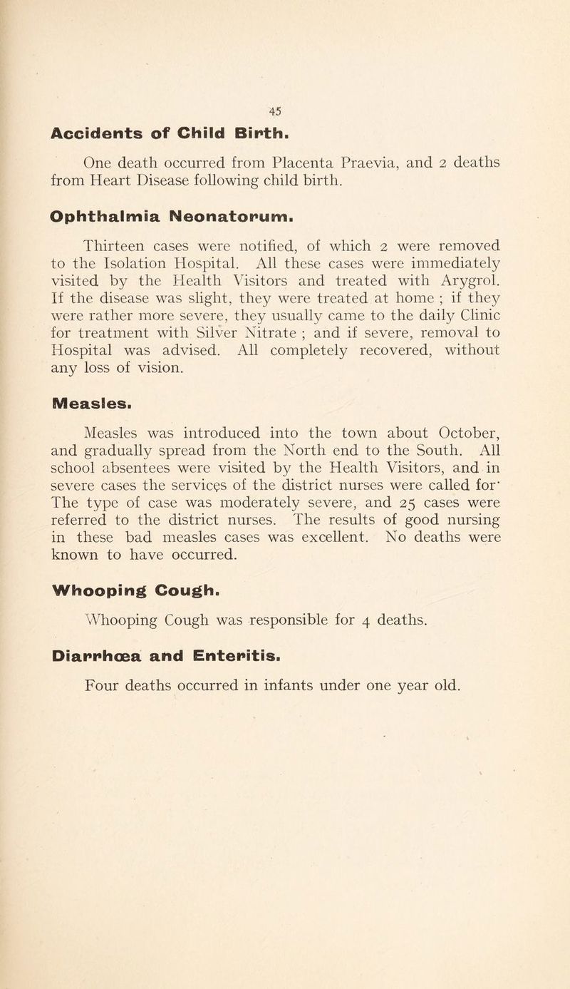 Accidents of Child Birth. One death occurred from Placenta Praevia, and 2 deaths from Heart Disease following child birth. Ophthalmia Neonatorum. Thirteen cases were notified, of which 2 were removed to the Isolation Hospital. All these cases were immediately visited by the Health Visitors and treated with Arygrol. If the disease was slight, they were treated at home ; if they were rather more severe, they usually came to the daily Clinic for treatment with Silver Nitrate ; and if severe, removal to Hospital was advised. All completely recovered, without any loss of vision. Measles. Measles was introduced into the town about October, and gradually spread from the North end to the South. All school absentees were visited by the Health Visitors, and in severe cases the services of the district nurses were called for' The type of case was moderately severe, and 25 cases were referred to the district nurses. The results of good nursing in these bad measles cases was excellent. No deaths were known to have occurred. Whooping Cough. Whooping Cough was responsible for 4 deaths. Diarrhoea and Enteritis. Four deaths occurred in infants under one year old.