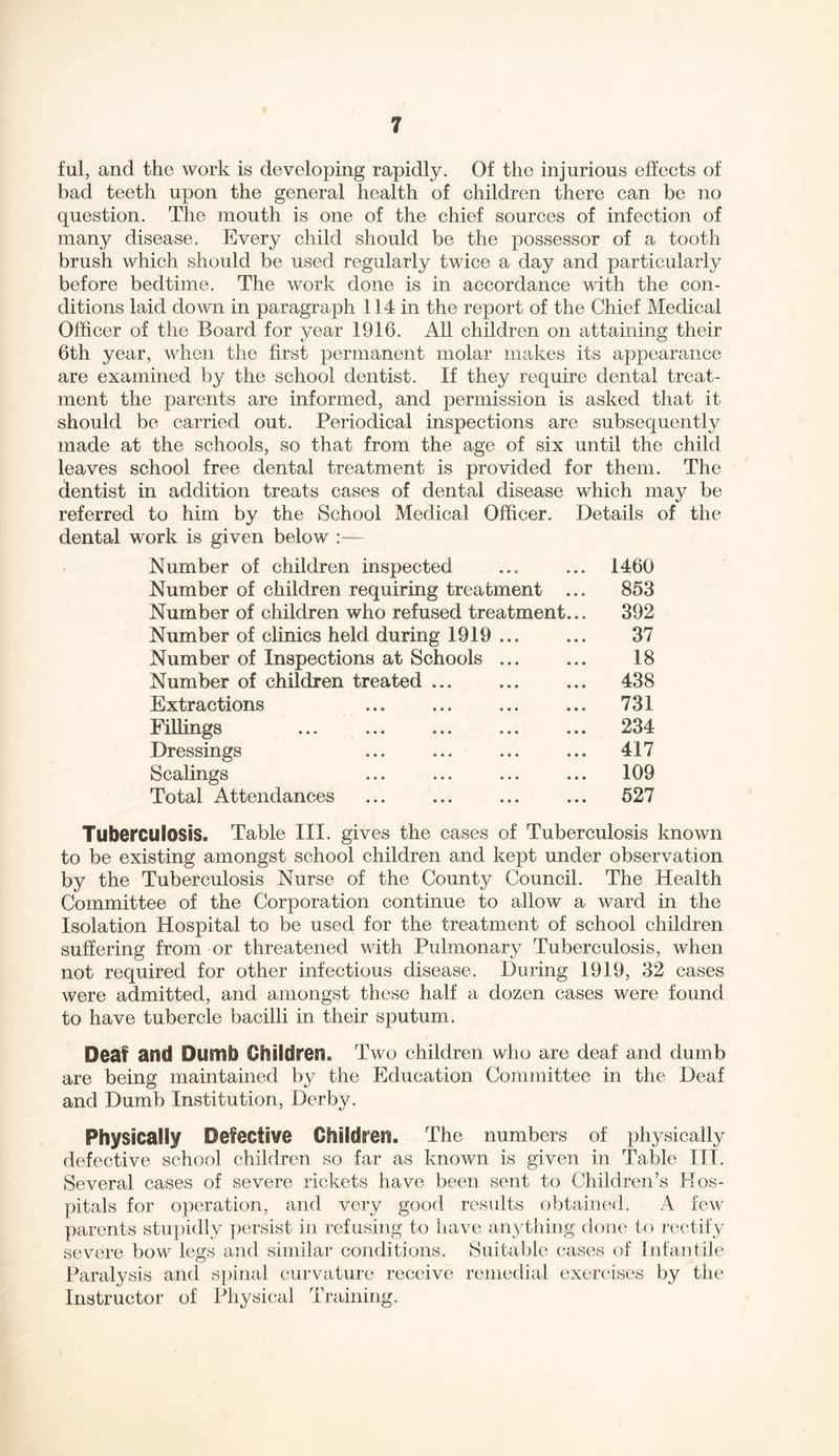 ful, and the work is developing rapidly. Of the injurious effects of bad teeth upon the general health of children there can be no question. The mouth is one of the chief sources of infection of many disease. Every child should be the possessor of a tooth brush which should be used regularly twice a day and particularly before bedtime. The work done is in accordance with the con- ditions laid down in paragraph 114 in the report of the Chief Medical Officer of the Board for year 1916. All children on attaining their 6th year, when the first permanent molar makes its appearance are examined by the school dentist. If they require dental treat- ment the parents are informed, and permission is asked that it should be carried out. Periodical inspections are subsequently made at the schools, so that from the age of six until the child leaves school free dental treatment is provided for them. The dentist in addition treats cases of dental disease which may be referred to him by the School Medical Officer. Details of the dental work is given below :— Number of children inspected ... ... 1460 Number of children requiring treatment ... 853 Number of children who refused treatment... 392 Number of clinics held during 1919 ... ... 37 Number of Inspections at Schools ... ... 18 Number of children treated ... ... ... 438 Extractions ... ... ... ... 731 Fillings 234 Dressings ... ... ... ... 417 Scalings ... ... ... ... 109 Total Attendances ... ... ... ... 527 Tuberculosis. Table III. gives the cases of Tuberculosis known to be existing amongst school children and kept under observation by the Tuberculosis Nurse of the County Council. The Health Committee of the Corporation continue to allow a ward in the Isolation Hospital to be used for the treatment of school children suffering from or threatened with Pulmonary Tuberculosis, when not required for other infectious disease. During 1919, 32 cases were admitted, and amongst these half a dozen cases were found to have tubercle bacilli in their sputum. Deaf and Dumb Children. Two children who are deaf and dumb are being maintained by the Education Committee in the Deaf and Dumb Institution, Derby. Physically Defective Children. The numbers of physically defective school children so far as known is given in Table TIT. Several cases of severe rickets have been sent to Children’s Hos- pitals for operation, and very good results obtained. A few parents stupidly persist in refusing to have anything clone to rectify severe bow legs and similar conditions. Suitable cases of Infantile Paralysis and spinal curvature receive remedial exercises by the Instructor of Physical Training.
