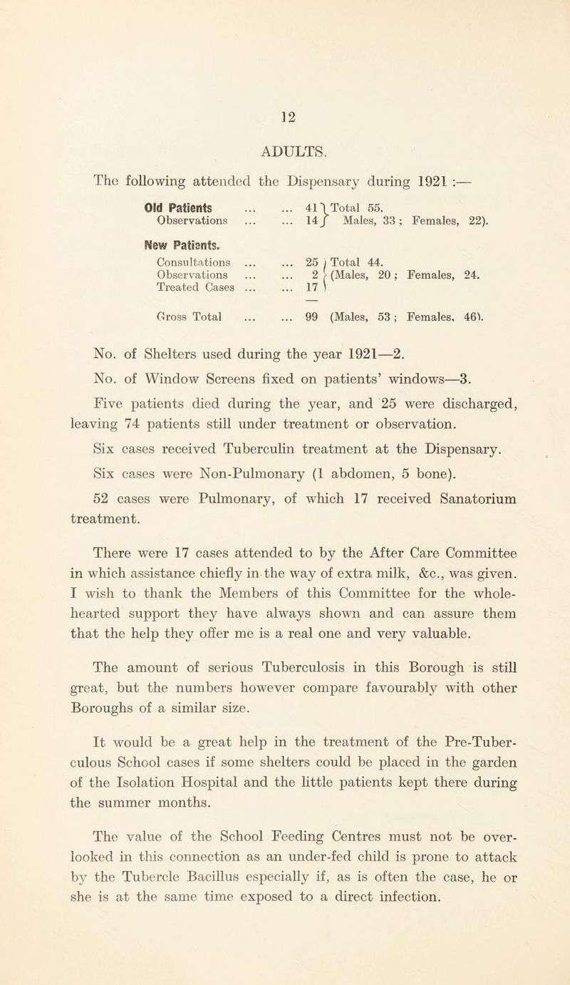 ADULTS. The following attended the Dispensary during 1921 :— Old Patients Observations PSew Patients. Consultations Observations Treated Cases 41 d Total 55. 14 J Males, 33 ; Females, 22). 25 ) Total 44. 2 [ (Males, 20 ; Females, 24. 17 \ Cross Total 99 (Males, 53; Females, 461. No. of Shelters used during the year 1921—2. No. of Window Screens fixed on patients’ windows—3. Five patients died during the year, and 25 were discharged, leaving 74 patients still under treatment or observation. Six cases received Tuberculin treatment at the Dispensary. Six cases were Non-Pulmonary (1 abdomen, 5 bone). 52 cases were Pulmonary, of which 17 received Sanatorium treatment. There were 17 cases attended to by the After Care Committee in which assistance chiefly in the way of extra milk, &c., was given. 1 wish to thank the Members of this Committee for the whole- hearted support they have always shown and can assure them that the help they offer me is a real one and very valuable. The amount of serious Tuberculosis in this Borough is still great, but the numbers however compare favourably with other Boroughs of a similar size. It would be a great help in the treatment of the Pre-Tuber- culous School cases if some shelters could be placed in the garden of the Isolation Hospital and the little patients kept there during the summer months. The value of the School Feeding Centres must not be over- looked in this connection as an under-fed child is prone to attack by the Tubercle Bacillus especially if, as is often the case, he or she is at the same time exposed to a direct infection.