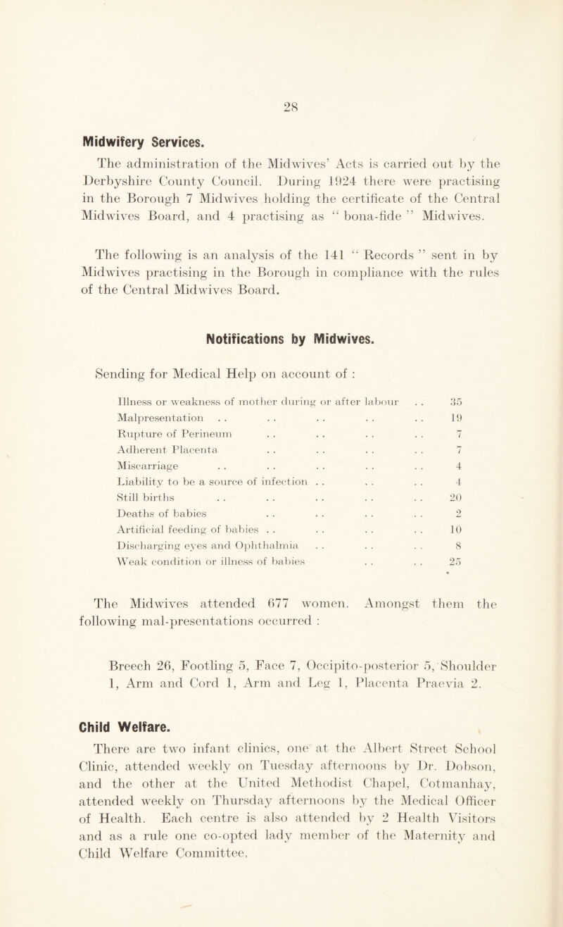 Midwifery Services. The administration of the Midwives’ Acts is carried out by the Derbyshire County Council. During 1924 there were practising in the Borough 7 Mid wives holding the certificate of the Central Mid wives Board, and 4 practising as “ bona-fide  Mid wives. The following is an analysis of the 1.41 “ Records ” sent in by Midwives practising in the Borough in compliance with the rules of the Central Mid wives Board. Notifications by Midwives. Sending for Medical Help on account of : Illness or weakness of mother during or after labour Malpresentation Rupture of Perineum Adherent Placenta Miscarriage Liability to be a source of infection . . Still births Deaths of babies Artificial feeding of babies Discharging eyes and Ophthalmia Weak condition or illness of babies 19 7 7 4 4 20 2 10 8 25 The Midwives attended 677 women. Amongst them the following mal-presentations occurred : Breech 26, Footling 5, Face 7, Occipito-posterior 5, Shoulder 1, Arm and Cord 1, Arm and Leg 1, Placenta Praevia 2. Child Welfare. There are two infant clinics, one at the Albert Street School Clinic, attended weekly on Tuesday afternoons by Dr. Dobson, and the other at the United Methodist Chapel, Cotmanhay, attended weekly on Thursday afternoons by the Medical Officer of Health. Each centre is also attended by 2 Health Visitors and as a rule one co-opted lady member of the Maternity and Child Welfare Committee,