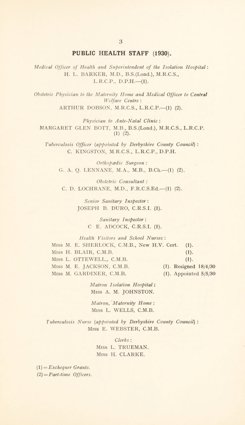 PUBLIC HEALTH STAFF (1930). Medical Officer of Health and Superintendent of the Isolation Hospital: H. L. BARKER, M.D., B.S.(Lond.), M.R.C.S., L.R.C.P., D.P.H.—(1). Obstetric Physician to the Maternity Home and Medical Officer to Central Welfare Centre : ARTHUR DOBSON, M.R.C.S., L.R.C.P.—(1) (2). Physician to Ante-Natal Clinic : MARGARET GLEN BOTT, M.B., B.S.(Lond.), M.R.C.S., L.R.C.P. (1) (2). Tuberculosis Officer (appointed by Derbyshire County Council) : C. KINGSTON, M.R.C.S., L.R.C.P., D.P.H. Orthopcedic Surgeon : G. A. Q. LENNANE, M.A., M.B., B.Ch.—(1) (2). Obstetric Consultant : C. D. LOCHRANE, M.D., F.R.C.S.Ed.—(1) (2). Senior Sanitary Inspector : JOSEPH B. DURO, C.R.S.I. (1). Sanitary Inspector : C E. ADCOCK, C.R.S.I. (1). Health Visitors and School Nurses : Miss M. E. SHERLOCK, C.M.B., New H.V. Cert. (1). Miss H. BLAIR, C.M.B. (1). Miss L. OTTEWELL,, C.M.B. (1). Miss M. E. JACKSON, C.M.B. (1). Resigned 18/4/30 Miss M. GARDINER, C.M.B. (1). Appointed 5/5/30 Matron Isolation Hospital: Miss A. M. JOHNSTON. Matron, Maternity Home : Miss L. WELLS, C.M.B. Tuberculosis Nurse (appointed by Derbyshire County Council) : Miss E. WEBSTER, C.M.B. Clerks : Miss L. TRUEMAN. Miss H. CLARKE. (1) = Exchequer Grants. ('.T)=Part-time Officers.