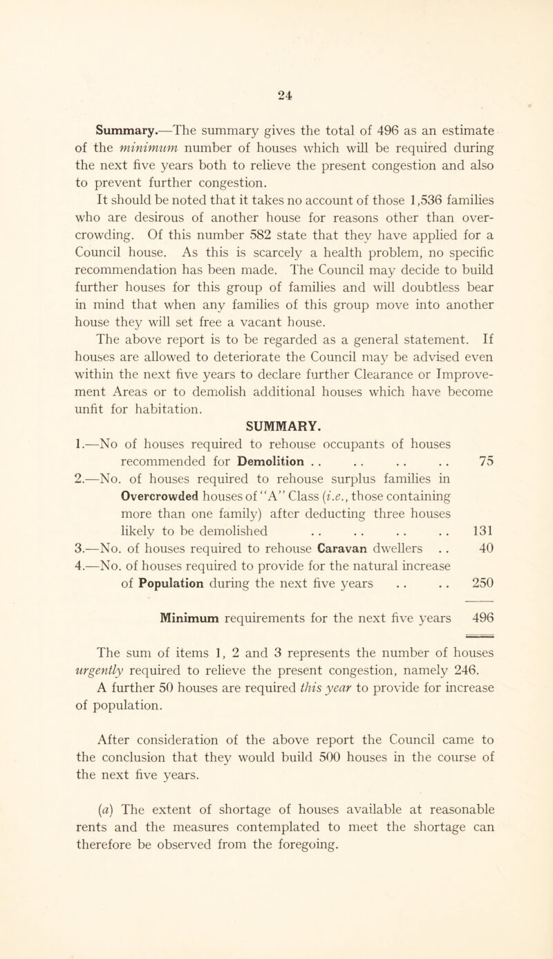 Summary.—The summary gives the total of 496 as an estimate of the minimum number of houses which will be required during the next five years both to relieve the present congestion and also to prevent further congestion. It should be noted that it takes no account of those 1,536 families who are desirous of another house for reasons other than over- crowding. Of this number 582 state that thev have applied for a Council house. As this is scarcely a health problem, no specific recommendation has been made. The Council may decide to build further houses for this group of families and will doubtless bear in mind that when any families of this group move into another house they will set free a vacant house. The above report is to be regarded as a general statement. If houses are allowed to deteriorate the Council may be advised even within the next five years to declare further Clearance or Improve- ment Areas or to demolish additional houses which have become unfit for habitation. SUMMARY. 1. —No of houses required to rehouse occupants of houses recommended for Demolition . . . . . . . . 75 2. —No. of houses required to rehouse surplus families in Overcrowded houses of “A” Class (i.e., those containing more than one family) after deducting three houses likely to be demolished . . . . . . . . 131 3. —No. of houses required to rehouse Caravan dwellers . . 40 4. —No. of houses required to provide for the natural increase of Population during the next five years . . . . 250 Minimum requirements for the next five years 496 The sum of items 1, 2 and 3 represents the number of houses urgently required to relieve the present congestion, namely 246. A further 50 houses are required this year to provide for increase of population. After consideration of the above report the Council came to the conclusion that they would build 500 houses in the course of the next five years. (a) The extent of shortage of houses available at reasonable rents and the measures contemplated to meet the shortage can therefore be observed from the foregoing.