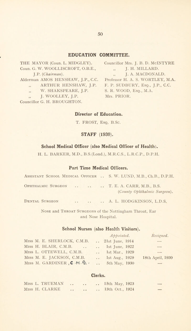 EDUCATION COMMITTEE. 3 THE MAYOR (Coun. L. MIDGLEY). Coun. G. W. WOOLLISCROFT, O.B.E., J.P. [Chairman). Alderman AMOS HENSHAW, J.P., C.C. „ ARTHUR HENSHAW, J.P. „ W. SHAKSPEARE, J.P. „ J. WOOLLEY, J.P. Councillor G. H. BROUGHTON. Councillor Mrs. J. B. D. McINTYRE „ J. H. MILLARD. ,, J. A. MACDONALD. Professor H. A. S. WORTLEY, M.A. F. P. SUDBURY, Esq., J.P., C.C. S. R. WOOD, Esq., M.A. Mrs. PRIOR. Director of Education. T. FROST, Esq, B.Sc. STAFF (1930). School Medical Officer (also Medical Officer of Health). H. L. BARKER, M.D., B.S.(Lond.), M.R.C.S., L.R.C.P., D.P.H. Part Time Medical Officers. Assistant School Medical Officer . . S. W. LUND, M.B., Ch.B., D.P.H. Ophthalmic Surgeon . . . . . . T. E. A. CARR, M.B., B.S. [County Ophthalmic Surgeon). Dental Surgeon A. L. HODGKINSON, L.D.S. Nose and Throat Surgeons of the Nottingham Throat, Ear and Nose Hospital. School Nurses (also Health Visitors). Appointed. Resigned. Miss M. E. SHERLOCK, C.M.B. . . 21st June, 1914 — Miss H. BLAIR, C.M.B. 1st June, 1922 — Miss L. OTTEWELL, C.M.B. 1st Mar., 1929 — Miss M. E. JACKSON, C.M.B. 1st Aug., 1929 18th April, 1930 Miss M. GARDINER ,C M & ' 5th May, 1930 — Clerks. Miss L. TRUEMAN . . 15th May, 1923 Miss H. CLARKE . . 13th Oct., 1924 —