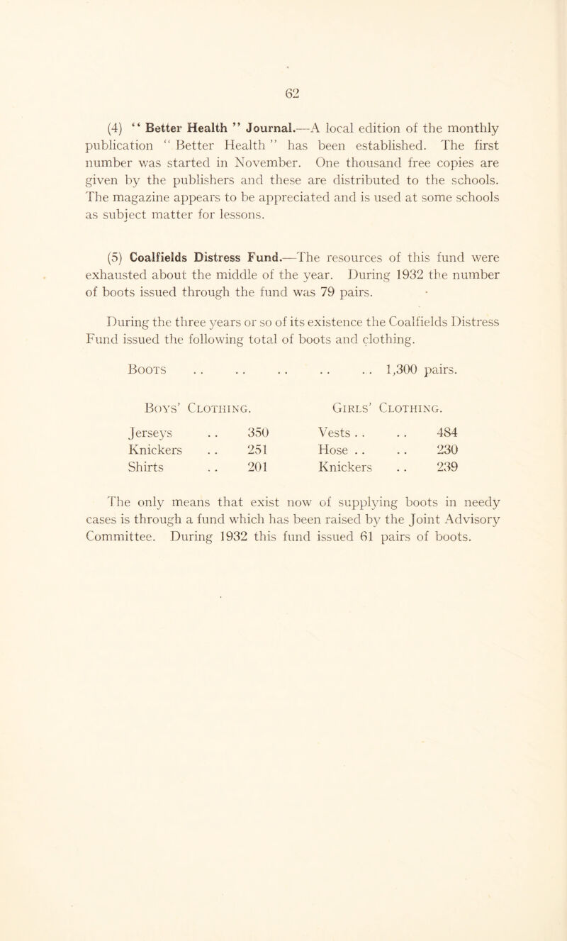 (4) “ Better Health ” Journal .—A local edition of the monthly publication “ Better Health ” has been established. The first number was started in November. One thousand free copies are given by the publishers and these are distributed to the schools. The magazine appears to be appreciated and is used at some schools as subiect matter for lessons. (5) Coalfields Distress Fund.—The resources of this fund were exhausted about the middle of the year. During 1932 the number of boots issued through the fund was 79 pairs. During the three years or so of its existence the Coalfields Distress Fund issued the following total of boots and clothing. Boots . . . . .. .. . . 1,300 pairs. Boys’ Clothing. Girls’ Clothing. Jerseys 350 Vests . . 484 Knickers 251 Hose . . 230 Shirts 201 Knickers 239 The only means that exist now of supplying boots in needy cases is through a fund which has been raised by the Joint Advisory Committee. During 1932 this fund issued 61 pairs of boots.