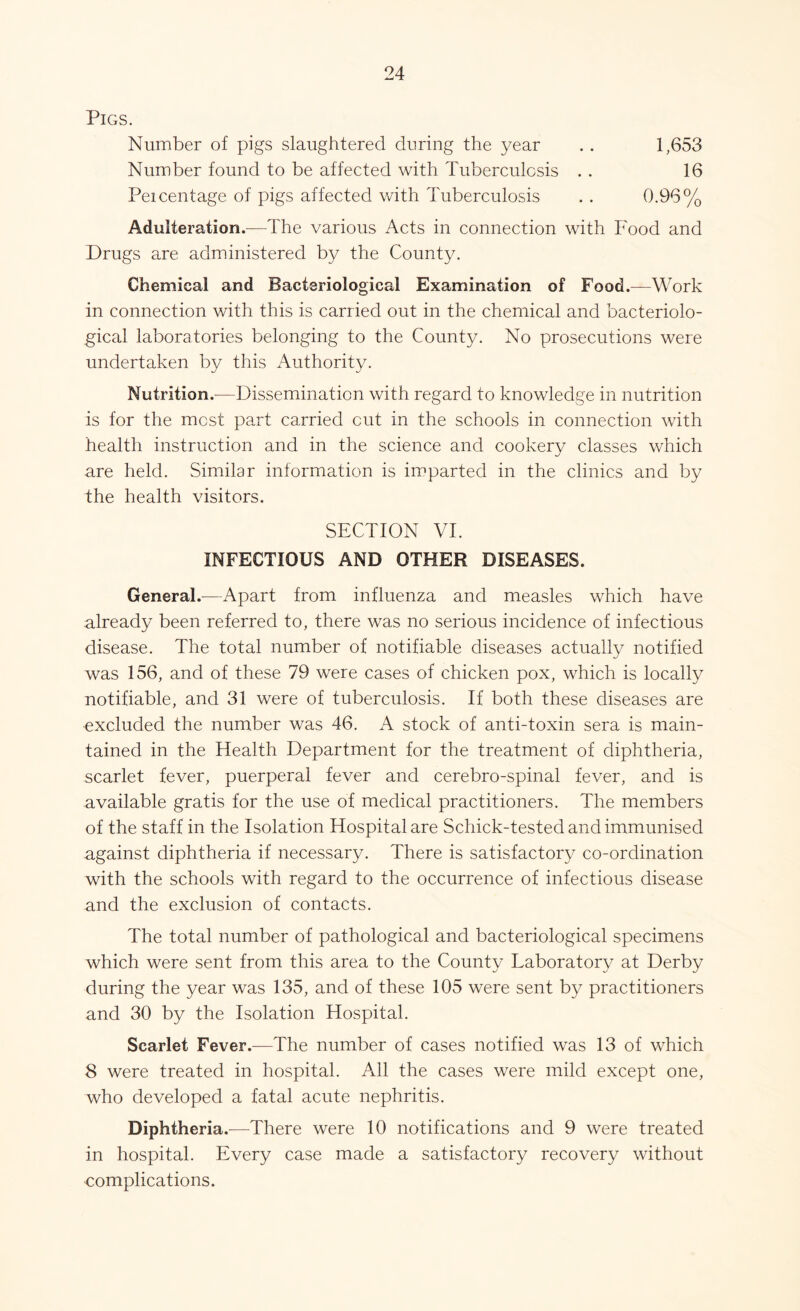 Pigs. Number of pigs slaughtered during the year . . 1,653 Number found to be affected with Tuberculosis . . 16 Peicentage of pigs affected with Tuberculosis . . 0.96% Adulteration.—The various Acts in connection with Food and Drugs are administered by the County. Chemical and Bacteriological Examination of Food.—Work in connection with this is carried out in the chemical and bacteriolo- gical laboratories belonging to the County. No prosecutions were undertaken by this Authority. Nutrition.—Dissemination with regard to knowledge in nutrition is for the most part carried cut in the schools in connection with health instruction and in the science and cookery classes which are held. Similar information is imparted in the clinics and by the health visitors. SECTION VI. INFECTIOUS AND OTHER DISEASES. General.—Apart from influenza and measles which have already been referred to, there was no serious incidence of infectious disease. The total number of notifiable diseases actually notified was 156, and of these 79 were cases of chicken pox, which is locally notifiable, and 31 were of tuberculosis. If both these diseases are excluded the number was 46. A stock of anti-toxin sera is main- tained in the Health Department for the treatment of diphtheria, scarlet fever, puerperal fever and cerebro-spinal fever, and is available gratis for the use of medical practitioners. The members of the staff in the Isolation Hospital are Schick-tested and immunised against diphtheria if necessary. There is satisfactory co-ordination with the schools with regard to the occurrence of infectious disease and the exclusion of contacts. The total number of pathological and bacteriological specimens which were sent from this area to the County Laboratory at Derby during the year was 135, and of these 105 were sent by practitioners and 30 by the Isolation Hospital. Scarlet Fever.—The number of cases notified was 13 of which 8 were treated in hospital. All the cases were mild except one, who developed a fatal acute nephritis. Diphtheria.-—There were 10 notifications and 9 were treated in hospital. Every case made a satisfactory recovery without complications.