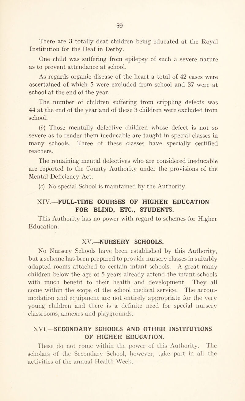 There are 3 totally deaf children being educated at the Royal Institution foi the Deaf in Derby. One child was suffering from epilepsy of such a severe nature as to prevent attendance at school. As regards organic disease of the heart a total of 42 cases were ascertained of which 5 were excluded from school and 37 were at school at the end of the year. The number of children suffering from crippling defects was 44 at the end of the year and of these 3 children were excluded from school. (b) Those mentally defective children whose defect is not so severe as to render them ineducable are taught in special classes in many schools. Three of these classes have specially certified teachers. The remaining mental defectives who are considered ineducable are reported to the County Authority under the provisions of the Mental Deficiency Act. (c) No special School is maintained by the Authority. XIV—FULL-TIME COURSES OF HIGHER EDUCATION FOR BLIND, ETC., STUDENTS. This Authority has no power with regard to schemes for Higher Education. XV.—NURSERY SCHOOLS. No Nursery Schools have been established by this Authority, but a scheme has been prepared to provide nursery classes in suitably adapted rooms attached to certain infant schools. A great many children below the age of 5 years already attend the infant schools with much benefit to their health and development. They all come within the scope of the school medical service. The accom- modation and equipment are not entirely appropriate for the very young children and there is a definite need for special nursery classrooms, annexes and playgrounds. XVI.—SECONDARY SCHOOLS AND OTHER INSTITUTIONS OF HIGHER EDUCATION. These do not come within the power of this Authority. The scholars of the Secondary School, however, take part in all the activities of the annual Health Week.
