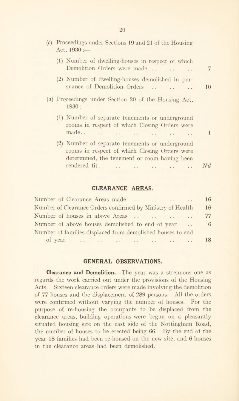 (c) Proceedings under Sections 19 and 21 of the Housing Act, 1930 :— (1) Number of dwelling-houses in respect of which Demolition Orders were made . . . . . . 7 (2) Number of dwelling-houses demolished in pur- suance of Demolition Orders .. .. . . 10 (d) Proceedings under Section 20 of the Housing Act, 1930 :— (1) Number of separate tenements or underground rooms in respect of which Closing Orders were made. . . . . . . . . . . . . . 1 (2) Number of separate tenements or underground rooms in respect of which Closing Orders were determined, the tenement or room having been rendered fit. . . . . . . . . . . . Nil CLEARANCE AREAS. Number of Clearance Areas made . . . . . . . . 16 Number of Clearance Orders confirmed by Ministry of Health 16 Number of houses in above Areas . . . . . . . . 77 Number of above houses demolished to end of year .. 6 Number of families displaced from demolished houses to end of year . . . . .. . . . . . . . . 18 GENERAL OBSERVATIONS. Clearance and Demolition.—The year was a strenuous one as regards the work carried out under the provisions of the Housing Acts. Sixteen clearance orders were made involving the demolition of 77 houses and the displacement of 289 persons. All the orders were confirmed without varying the number of houses. For the purpose of re-housing the occupants to be displaced from the clearance areas, building operations were begun on a pleasantly situated housing site on the east side of the Nottingham Road, the number of houses to be erected being 66. By the end of the year 18 families had been re-housed on the new site, and 6 houses in the clearance areas had been demolished.