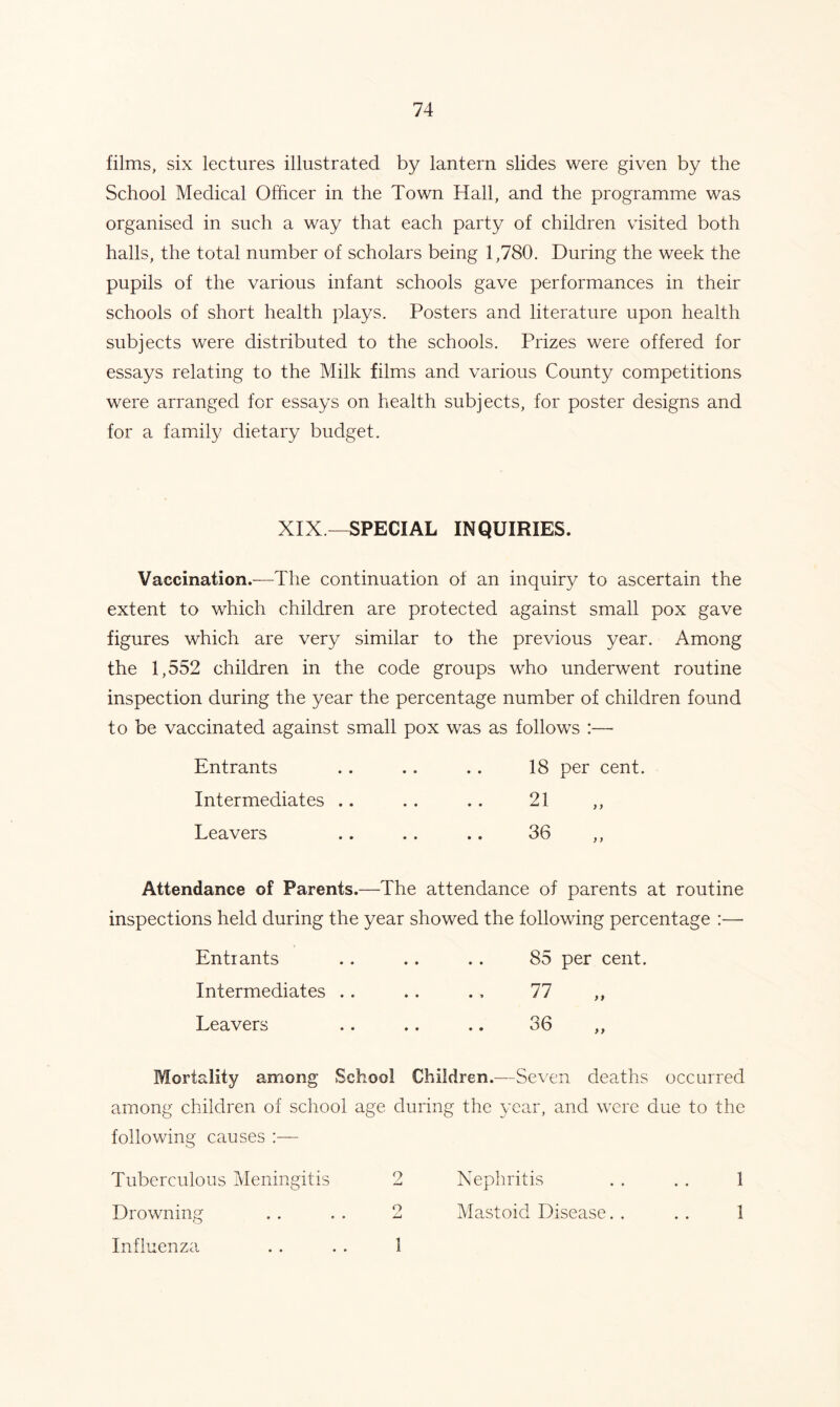 films, six lectures illustrated by lantern slides were given by the School Medical Officer in the Town Hall, and the programme was organised in such a way that each party of children visited both halls, the total number of scholars being 1,780. During the week the pupils of the various infant schools gave performances in their schools of short health plays. Posters and literature upon health subjects were distributed to the schools. Prizes were offered for essays relating to the Milk films and various County competitions were arranged for essays on health subjects, for poster designs and for a family dietary budget. XIX—SPECIAL INQUIRIES. Vaccination.—The continuation of an inquiry to ascertain the extent to which children are protected against small pox gave figures which are very similar to the previous year. Among the 1,552 children in the code groups who underwent routine inspection during the year the percentage number of children found to be vaccinated against small pox was as follows :— Entrants .. .. .. 18 per cent. Intermediates .. . . .. 21 ,, Leavers .. .. .. 36 ,, Attendance of Parents.—The attendance of parents at routine inspections held during the year showed the following percentage :—- Entrants .. .. . . 85 per cent. Intermediates .. .. . , 77 ,, Leavers .. .. .. 36 ,, Mortality among School Children.—Seven deaths occurred among children of school age during the year, and were due to the following causes :— Tuberculous Meningitis 2 Nephritis . . .. 1 Drowning . . . . 2 Mastoid Disease. . . . 1 Influenza 1