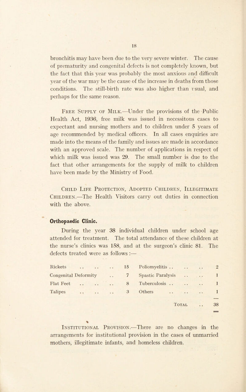 bronchitis may have been due to the very severe winter. The cause of prematurity and congenital defects is not completely known, but the fact that this year was probably the most anxious and difficult year of the war may be the cause of the increase in deaths from those conditions. The still-birth rate was also higher than usual, and perhaps for the same reason. Free Supply of Milk.—Under the provisions of the Public Health Act, 1936, free milk was issued in necessitous cases to expectant and nursing mothers and to children under 5 years of age recommended by medical officers. In all cases enquiries are made into the means of the family and issues are made in accordance with an approved scale. The number of applications in respect of which milk was issued was 29. The small number is due to the fact that other arrangements for the supply of milk to children have been made by the Ministry of Food. Child Life Protection, Adopted Children, Illegitimate Children.—The Health Visitors carry out duties in connection with the above. Orthopaedic Clinic. During the year 38 individual children under school age attended for treatment. The total attendance of these children at the nurse’s clinics was 158, and at the surgeon’s clinic 81. The defects treated were as follows :— Rickets Congenital Deformity Flat Feet Talipes 15 Poliomyelitis . . 7 Spastic Paralysis 8 Tuberculosis . . 3 Others 2 1 1 1 Total .. 38 % Institutional Provision.—There are no changes in the arrangements for institutional provision in the cases of unmarried mothers, illegitimate infants, and homeless children.