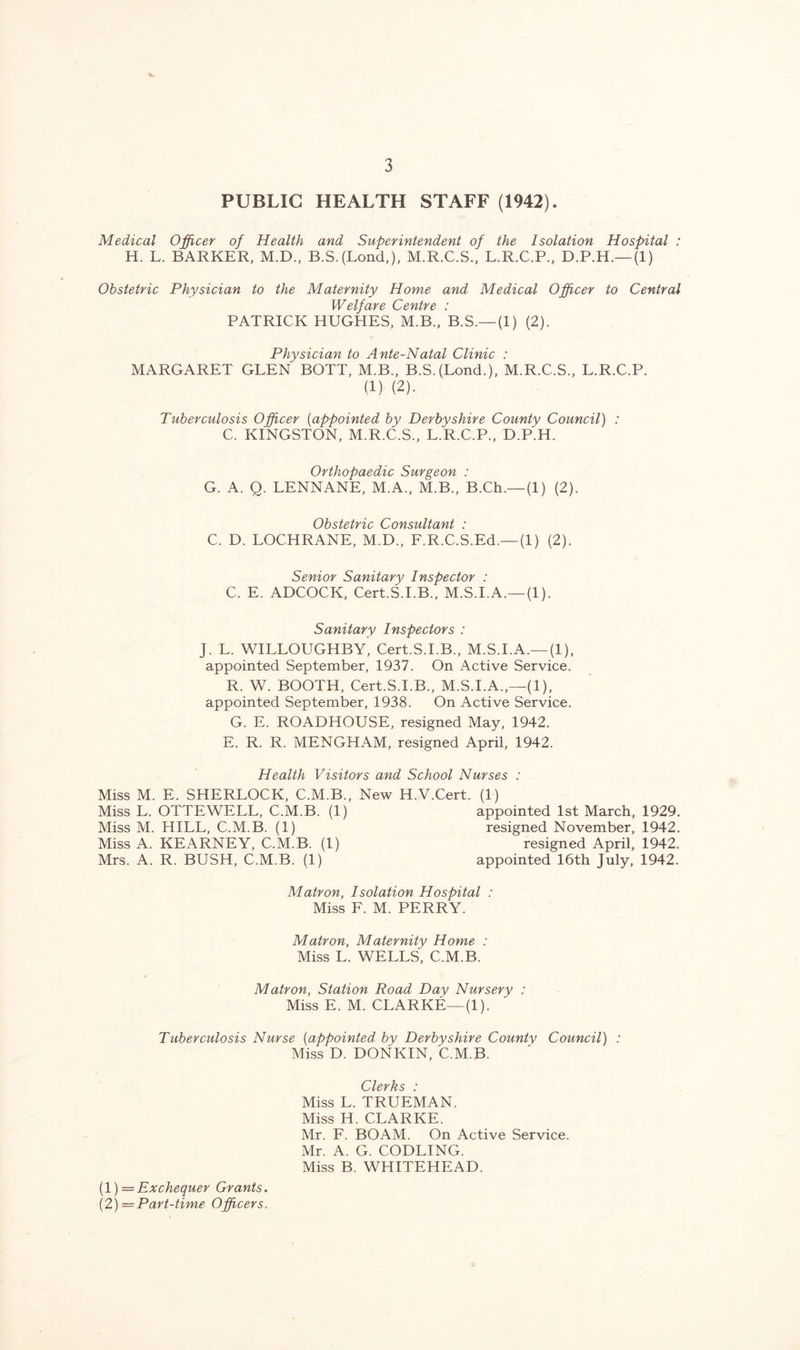 3 PUBLIC HEALTH STAFF (1942). Medical Officer of Health and Superintendent of the Isolation Hospital : H. L. BARKER, M.D., B.S.(Lond,), M.R.C.S., L.R.C.P., D.P.H.— (1) Obstetric Physician to the Maternity Home and Medical Officer to Central Welfare Centre : PATRICK HUGHES, M.B., B.S.—(1) (2). Physician to Ante-Natal Clinic : MARGARET GLEN BOTT, M.B., B.S.(Lond.), M.R.C.S., L.R.C.P. (1) (2). Tuberculosis Officer (appointed by Derbyshire County Council) : C. KINGSTON, M.R.C.S., L.R.C.P., D.P.H. Orthopaedic Surgeon : G. A. Q. LENNANE, M.A., M.B., B.Ch.—(1) (2). Obstetric Consultant : C. D. LOCHRANE, M.D., F.R.C.S.Ed.—(1) (2). Senior Sanitary Inspector : C. E. ADCOCK, Cert.S.I.B., M.S.I.A.—(1). Sanitary Inspectors : J. L. WILLOUGHBY, Cert.S.I.B., M.S.I.A.—(1), appointed September, 1937. On Active Service. R. W. BOOTH, Cert.S.I.B., M.S.I.A.,—(1), appointed September, 1938. On Active Service. G. E. ROADHOUSE, resigned May, 1942. E. R. R. MENGHAM, resigned April, 1942. Health Visitors and School Nurses : Miss M. E. SHERLOCK, C.M.B., New H.V.Cert. Miss L. OTTEWELL, C.M.B. (1) Miss M. HILL, C.M.B. (1) Miss A. KEARNEY, C.M.B. (1) Mrs. A. R. BUSH, C.M.B. (1) (1) appointed 1st March, 1929. resigned November, 1942. resigned April, 1942. appointed 16th July, 1942. Matron, Isolation Hospital : Miss F. M. PERRY. Matron, Maternity Home : Miss L. WELLS, C.M.B. Matron, Station Road Day Nursery : Miss E. M. CLARKE—(1). Tuberculosis Nurse (appointed, by Derbyshire County Council) : Miss D. DONKIN, C.M.B. Clerks : Miss L. TRUEMAN. Miss H. CLARKE. Mr. F. BOAM. On Active Service. Mr. A. G. CODLING. Miss B. WHITEHEAD. (1 )= Exchequer Grants. (2) = Part-time Officers.