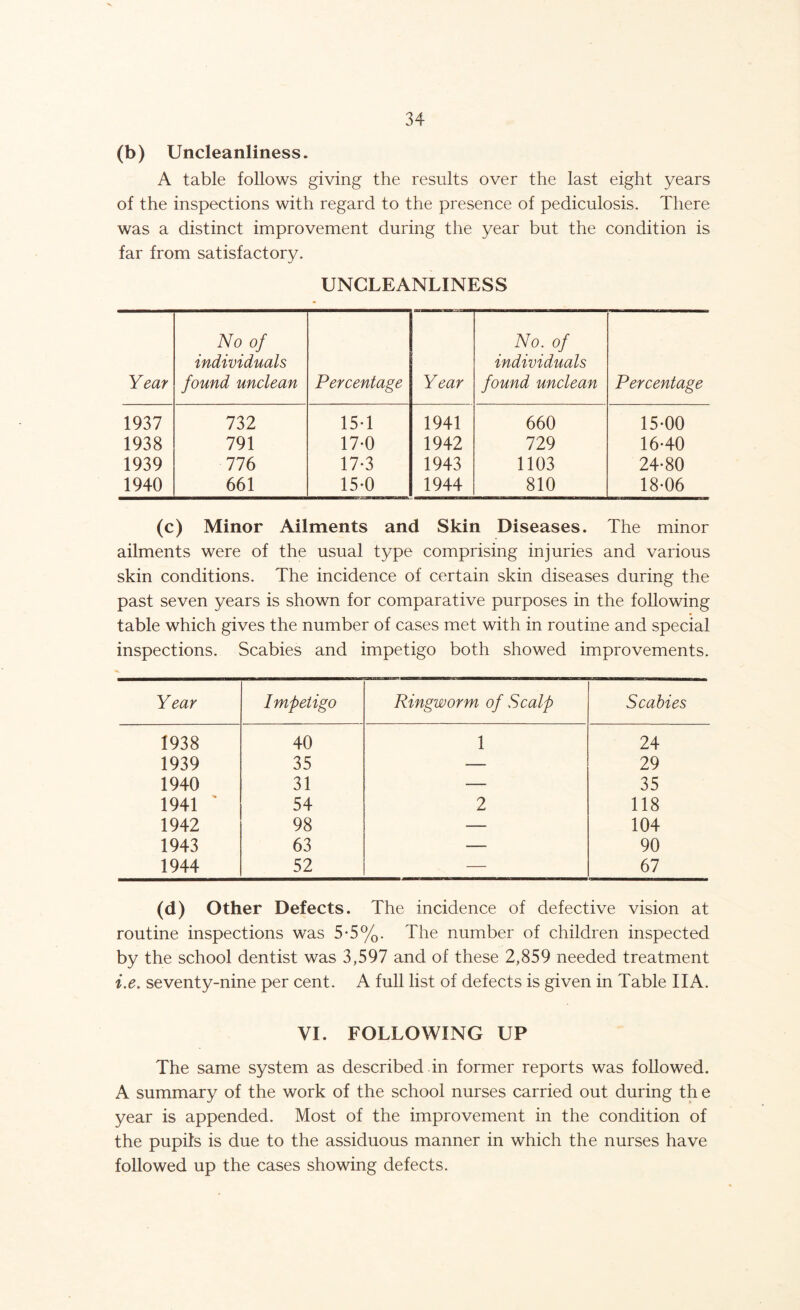 (b) Uncleanliness. A table follows giving the results over the last eight years of the inspections with regard to the presence of pediculosis. There was a distinct improvement during the year but the condition is far from satisfactory. UNCLEANLINESS Year No of individuals found unclean Percentage Year No. of individuals found unclean Percentage 1937 732 15T 1941 660 15-00 1938 791 17-0 1942 729 16-40 1939 776 17-3 1943 1103 24-80 1940 661 15-0 1944 810 18-06 (c) Minor Ailments and Skin Diseases. The minor ailments were of the usual type comprising injuries and various skin conditions. The incidence of certain skin diseases during the past seven years is shown for comparative purposes in the following table which gives the number of cases met with in routine and special inspections. Scabies and impetigo both showed improvements. Year Impetigo Ringworm of Scalp Scabies 1938 40 1 24 1939 35 — 29 1940 31 — 35 1941 ' 54 2 118 1942 98 — 104 1943 63 — 90 1944 52 — 67 (d) Other Defects. The incidence of defective vision at routine inspections was 5-5%. The number of children inspected by the school dentist was 3,597 and of these 2,859 needed treatment i.e. seventy-nine per cent. A full list of defects is given in Table IIA. VI. FOLLOWING UP The same system as described in former reports was followed. A summary of the work of the school nurses carried out during th e year is appended. Most of the improvement in the condition of the pupils is due to the assiduous manner in which the nurses have followed up the cases showing defects.