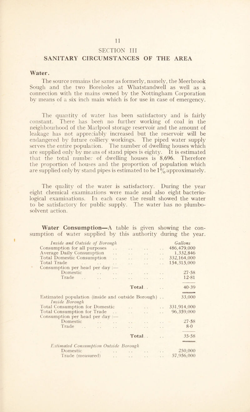 SECTION III SANITARY CIRCUMSTANCES OF THE AREA Water. The source remains the same as formerly, namely, the Meerbrook Sough and the two Boreholes at Whatstandwell as well as a connection with the mains owned by the Nottingham Corporation by means of a six inch main which is for use in case of emergency. The quantity of water has been satisfactory and is fairly constant. There has been no further working of coal in the neighbourhood of the Marlpool storage reservoir and the amount of leakage has not appreciably increased but the reservoir will be endangered by future colliery workings. The piped water supply serves the entire population. The number of dwelling houses which are supplied only by means of stand pipes is eighty. It is estimated that the total number of dwelling houses is 8,696. Therefore the proportion of houses and the proportion of population which are supplied only by stand pipes is estimated to be 1% approximately. The quality of the water is satisfactory. During the year eight chemical examinations were made and also eight bacterio- logical examinations. In each case the result showed the water to be satisfactory for public supply. The water has no plumbo- solvent action. i Water Consumption—A table is given showing the con- sumption of water supplied by this authority during the year. Inside and Outside of Borough Gallons Consumption for all purposes . . 486,479,000 Average Daily Consumption . . 1,332,846 Total Domestic Consumption 332,164,000 Total Trade Consumption per head per day :— • • 154,315,000 Domestic . . , , , , 27-58 Trade . . 12-81 Total . 40-39 Estimated population (inside and outside Borough) . . Inside Borough 33,000 Total Consumption for Domestic . . . . . . 331,914,000 Total Consumption for Trade Consumption per head per day :— . . 96,359,000 Domestic , . . . . . 27-58 Trade 8-0 Total.. .. 35-58 Estimated Consumption Outside Borough Domestic Trade (measured) 250,000 57,956,000