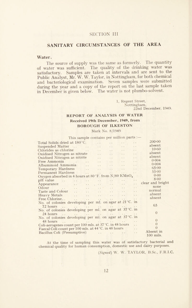 SANITARY CIRCUMSTANCES OF THE AREA Water. The source of supply was the same as formerly. I he quantity of water was sufficient. The quality of the drinking water was satisfactory. Samples are taken at intervals and are sent to the Public Analyst, Mr. W. W. Taylor, in Nottingham, for both chemical and bacteriological examination. Seven samples were submitted during the year and a copy of the report on the last sample taken in December is given below. The water is not plumbo-solvent. 1, Regent Street, Nottingham, 22nd December, 1949. REPORT OF ANALYSIS OF WATER Received 19th December, 1949, from BOROUGH OF ILKESTON Mark No. 8/1949 This sample contains per million parts :— Total Solids dried at 180 °C. Suspended Matter Chlorides as chlorine Oxidised Nitrogen as nitrate Oxidised Nitrogen as nitrite Free Ammonia Albuminoid Ammonia Temporary Hardness Permanent Hardness Oxygen absorbed in 4 hours at 80 °F pH value Appearance Odour Taste and Colour Heavy Metals Free Chlorine. . No. of colonies developing per ml 72 hours from N/80 KMn04 on agar at 21 °C. n 200-00 absent 10-60 absent absent 0-004 0-004 65-00 55-00 0-00 8-00 clear and bright none normal absent absent 65 No. of colonies developing per ml. on agar at 37 °C. n 24 hours 0 No. of colonies developing per ml. on agar at 37 °C. m 48 hours Coli-aerogenes count per 100 mis. at 37 C. in 48 hours Faecal Coli count per 100 mis. at 44 °C. in 48 hours Bacillus Coli (Presumptive) 0 0 0 Absent in 100 mils. At the time of sampling this water was of satisfactory bacterial and chemical quality for human consumption, domestic use and dairy purposes. {Signed) W. W. TAYLOR, B.Sc., F.R.I.C.