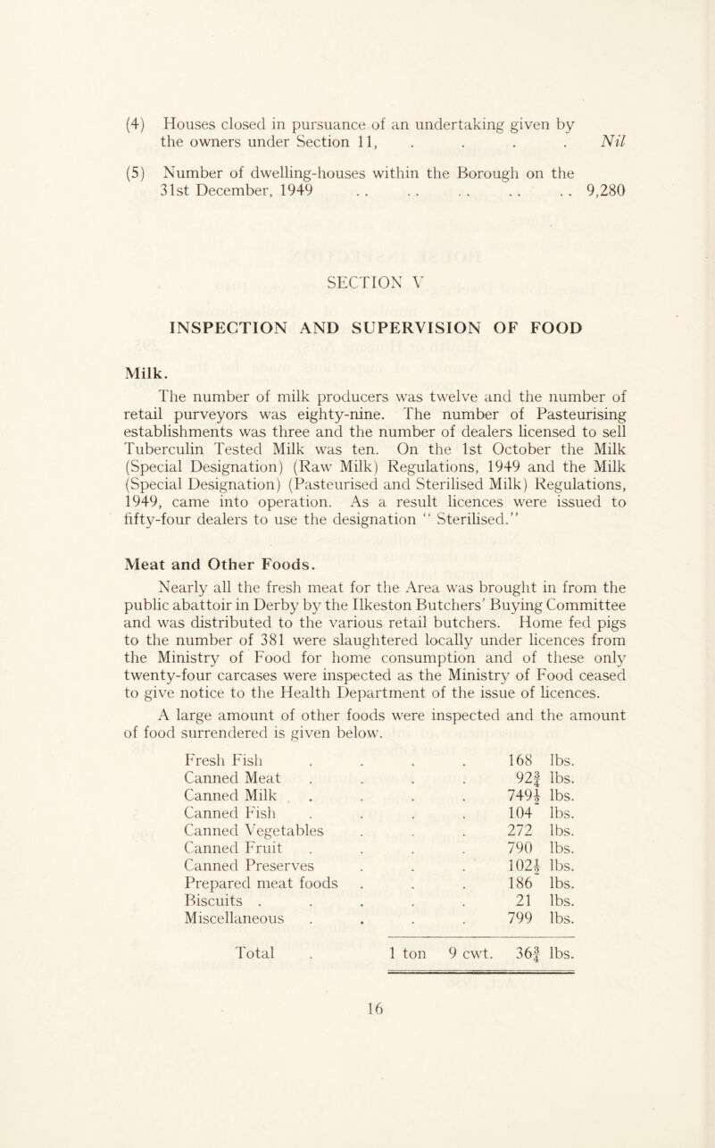 (4) Houses closed in pursuance of an undertaking given by the owners under Section 11, . . . . Nil (5) Number of dwelling-houses within the Borough on the 31st December, 1949 . . . . . . . . . . 9,280 SECTION V INSPECTION AND SUPERVISION OF FOOD Milk. The number of milk producers was twelve and the number of retail purveyors was eighty-nine. The number of Pasteurising establishments was three and the number of dealers licensed to sell Tuberculin Tested Milk was ten. On the 1st October the Milk (Special Designation) (Raw Milk) Regulations, 1949 and the Milk (Special Designation) (Pasteurised and Sterilised Milk) Regulations, 1949, came into operation. As a result licences were issued to fifty-four dealers to use the designation “ Sterilised.” Meat and Other Foods. Nearly all the fresh meat for the Area was brought in from the public abattoir in Derby by the Ilkeston Butchers' Buying Committee and was distributed to the various retail butchers. Home fed pigs to the number of 381 were slaughtered locally under licences from the Ministry of Food for home consumption and of these only twenty-four carcases were inspected as the Ministry of Food ceased to give notice to the Health Department of the issue of licences. A large amount of other foods were inspected and the amount of food surrendered is given below. Fresh Fish . . . . 168 lbs. Canned Meat .... 92| lbs. Canned Milk , . . . 749J lbs. Canned Fish . . . . 104 lbs. Canned Vegetables . . . 272 lbs. Canned Fruit . . . . 790 lbs. Canned Preserves . . . 102J lbs. Prepared meat foods . . . 186 lbs. Biscuits . . . . . 21 lbs. Miscellaneous . . . . 799 lbs. 1 ton 9 cwt. 36f lbs. Total