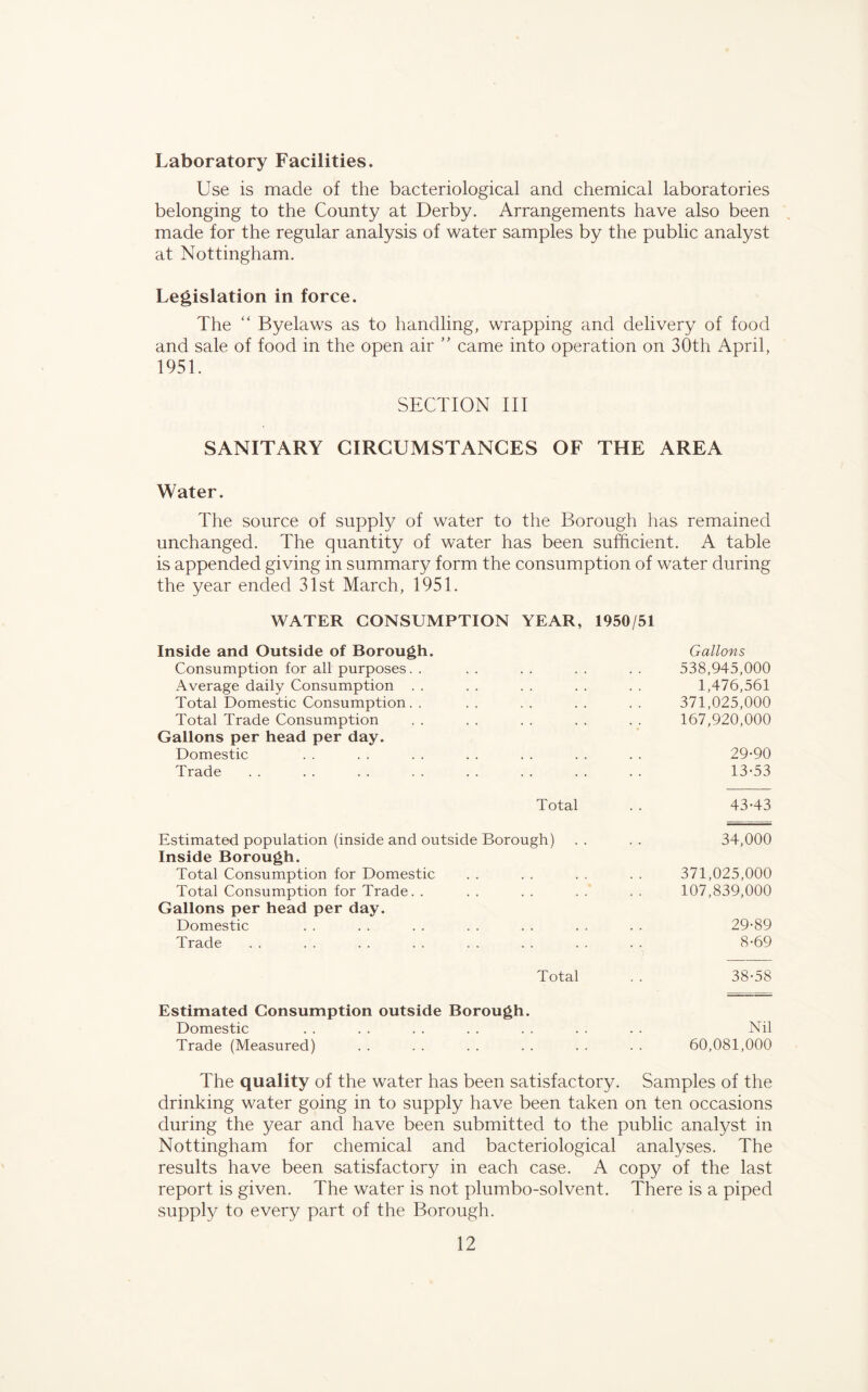 Laboratory Facilities. Use is made of the bacteriological and chemical laboratories belonging to the County at Derby. Arrangements have also been made for the regular analysis of water samples by the public analyst at Nottingham. Legislation in force. The “ Byelaws as to handling, wrapping and delivery of food and sale of food in the open air ” came into operation on 30th April, 1951. SECTION III SANITARY CIRCUMSTANCES OF THE AREA Water. The source of supply of water to the Borough has remained unchanged. The quantity of water has been sufficient. A table is appended giving in summary form the consumption of water during the year ended 31st March, 1951. WATER CONSUMPTION YEAR, 1950/51 Inside and Outside of Borough. Gallons Consumption for all purposes. . . . . . . . . . 538,945,000 Average daily Consumption . . . . . . . . . . 1,476,561 Total Domestic Consumption. . .. .. .. .. 371,025,000 Total Trade Consumption . . . . . . . . . . 167,920,000 Gallons per head per day. Domestic . . . . . . . . . . . . . . 29-90 Trade 13-53 Total 43-43 Estimated population (inside and outside Borough) . . . . 34,000 Inside Borough. Total Consumption for Domestic . . . . . . . . 371,025,000 Total Consumption for Trade. . .. .. .. .. 107,839,000 Gallons per head per day. Domestic . . . . . . . . . . . . . . 29-89 Trade . . . . . . . . . . . . . . . . 8-69 Total . . 38-58 Estimated Consumption outside Borough. Domestic Trade (Measured) Nil 60,081,000 The quality of the water has been satisfactory. Samples of the drinking water going in to supply have been taken on ten occasions during the year and have been submitted to the public analyst in Nottingham for chemical and bacteriological analyses. The results have been satisfactory in each case. A copy of the last report is given. The water is not plumbo-solvent. There is a piped supply to every part of the Borough.