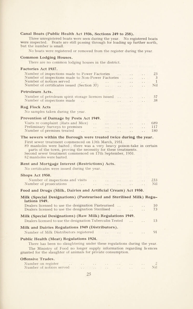 Canal Boats (Public Health Act 1936, Sections 249 to 258). Three unregistered boats were seen during the year. No registered boats were inspected. Boats are still passing through for loading up further north, but the number is small. No boats were registered or removed from the register during the year. Common Lodging Houses. There are no common lodging houses in the district. Factories Act 1937. Number of inspections made to Power Factories . . . . . . 23 Number of inspections made to Non-Power Factories . . . . 3 Number of notices served . . . . . . . . . . . . 1 Number of certificates issued (Section 37) . . . . . . . . Nil Petroleum Acts. Number of petroleum spirit storage licences issued . . . . . . 57 Number of inspections made • • • • • • . . • • . . 38 Rag Flock Acts No samples taken during the year. Prevention of Damage by Pests Act 1949. Visits re complaint (Rats and Mice) . . . . . . . . . . 689 Preliminary Surveys to premises .. .. .. .. .. 117 Number of premises treated . . . . . . . . . . . . 180 The sewers within the Borough were treated twice during the year. First sewer treatment commenced on 13th March, 1951. 89 manholes were baited ; there was a very heavy poison-take in certain parts of the town, proving the necessity for these treatments. Second sewer treatment commenced on 17th September, 1951. 82 manholes were baited. Rent and Mortgage Interest (Restrictions) Acts. No certificates were issued during the year. Shops Act 1950. Number of inspections and visits . . . . . . . . . . 233 Number of prosecutions . . . . . . . . . . . . Nil Food and Drugs (Milk, Dairies and Artificial Cream) Act 1950. Milk (Special Designations) (Pasteurised and Sterilised Milk) Regu- lations 1949. Dealers licensed to use the designation Pasteurised . . . . . . 10 Dealers licensed to use the designation Sterilised . . . . . . 73 Milk (Special Designations) (Raw Milk) Regulations 1949. Dealers licensed to use the designation Tuberculin Tested . . . . 15 Milk and Dairies Regulations 1949 (Distributors). Number of Milk Distributors registered . . . . . . . . 91 Public Health (Meat) Regulations 1924. There has been no slaughtering under these regulations during the year. The Ministry of Food no longer supply information regarding licences granted for the slaughter of animals for private consumption. Offensive Trades. Number on register . . . . . . . . . . . . . . 2 Number of notices served . . . . . . . . . . . . Nil