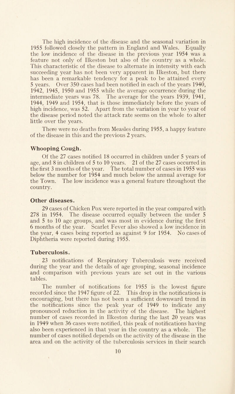 The high incidence of the disease and the seasonal variation in 1955 followed closely the pattern in England and Wales. Equally the low incidence of the disease in the previous year 1954 was a feature not only of Ilkeston but also of the country as a whole. This characteristic of the disease to alternate in intensity with each succeeding year has not been very apparent in Ilkeston, but there has been a remarkable tendency for a peak to be attained every 5 years. Over 350 cases had been notified in each of the years 1940, 1942, 1945, 1950 and 1955 while the average occurrence during the intermediate years was 78. The average for the years 1939, 1941, 1944, 1949 and 1954, that is those immediately before the years of high incidence, was 52. Apart from the variation in year to year of the disease period noted the attack rate seems on the whole to alter little over the years. There were no deaths from Measles during 1955, a happy feature of the disease in this and the previous 2 years. Whooping Cough. Of the 27 cases notified 18 occurred in children under 5 years of age, and 8 in children of 5 to 10 years. 21 of the 27 cases occurred in the first 3 months of the year. The total number of cases in 1955 was below the number for 1954 and much below the annual average for the Town. The low incidence was a general feature throughout the country. Other diseases. 29 cases of Chicken Pox were reported in the year compared with 278 in 1954. The disease occurred equally between the under 5 and 5 to 10 age groups, and was most in evidence during the first 6 months of the year. Scarlet Fever also showed a low incidence in the year, 4 cases being reported as against 9 for 1954. No cases of Diphtheria were reported during 1955. Tuberculosis. 23 notifications of Respiratory Tuberculosis were received during the year and the details of age grouping, seasonal incidence and comparison with previous years are set out in the various tables. The number of notifications for 1955 is the lowest figure recorded since the 1947 figure of 22. This drop in the notifications is encouraging, but there has not been a sufficient downward trend in the notifications since the peak year of 1949 to indicate any pronounced reduction in the activity of the disease. The highest number of cases recorded in Ilkeston during the last 20 years was in 1949 when 36 cases were notified, this peak of notifications having also been experienced in that year in the country as a whole. The number of cases notified depends on the activity of the disease in the area and on the activity of the tuberculosis services in their search \