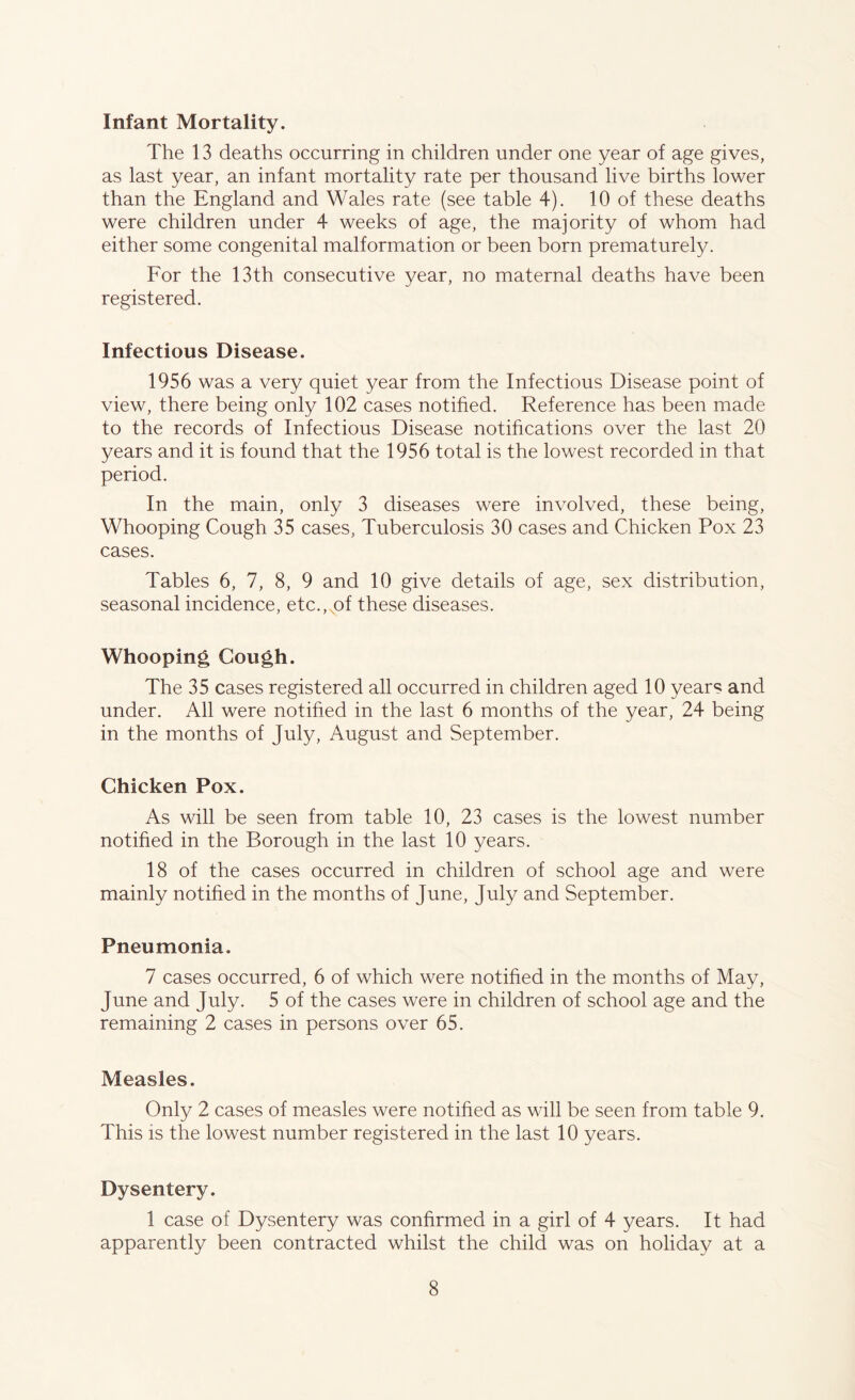 Infant Mortality. The 13 deaths occurring in children under one year of age gives, as last year, an infant mortality rate per thousand live births lower than the England and Wales rate (see table 4). 10 of these deaths were children under 4 weeks of age, the majority of whom had either some congenital malformation or been born prematurely. For the 13th consecutive year, no maternal deaths have been registered. Infectious Disease. 1956 was a very quiet year from the Infectious Disease point of view, there being only 102 cases notified. Reference has been made to the records of Infectious Disease notifications over the last 20 years and it is found that the 1956 total is the lowest recorded in that period. In the main, only 3 diseases were involved, these being, Whooping Cough 35 cases, Tuberculosis 30 cases and Chicken Pox 23 cases. Tables 6, 7, 8, 9 and 10 give details of age, sex distribution, seasonal incidence, etc., of these diseases. Whooping Cough. The 35 cases registered all occurred in children aged 10 years and under. All were notified in the last 6 months of the year, 24 being in the months of July, August and September. Chicken Pox. As will be seen from table 10, 23 cases is the lowest number notified in the Borough in the last 10 years. 18 of the cases occurred in children of school age and were mainly notified in the months of June, July and September. Pneumonia. 7 cases occurred, 6 of which were notified in the months of May, June and July. 5 of the cases were in children of school age and the remaining 2 cases in persons over 65. Measles. Only 2 cases of measles were notified as will be seen from table 9. This is the lowest number registered in the last 10 years. Dysentery. 1 case of Dysentery was confirmed in a girl of 4 years. It had apparently been contracted whilst the child was on holiday at a