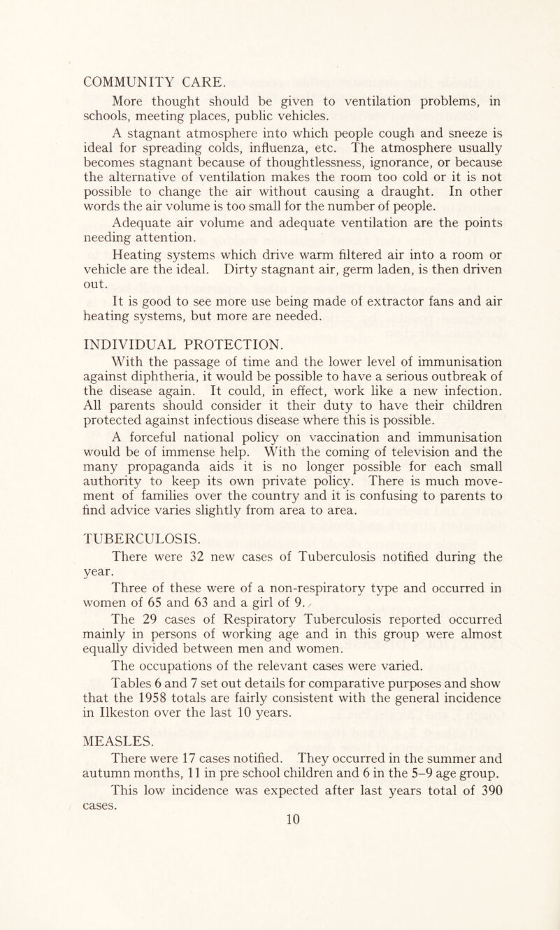 COMMUNITY CARE. More thought should be given to ventilation problems, in schools, meeting places, public vehicles. A stagnant atmosphere into which people cough and sneeze is ideal for spreading colds, influenza, etc. The atmosphere usually becomes stagnant because of thoughtlessness, ignorance, or because the alternative of ventilation makes the room too cold or it is not possible to change the air without causing a draught. In other words the air volume is too small for the number of people. Adequate air volume and adequate ventilation are the points needing attention. Heating systems which drive warm filtered air into a room or vehicle are the ideal. Dirty stagnant air, germ laden, is then driven out. It is good to see more use being made of extractor fans and air heating systems, but more are needed. INDIVIDUAL PROTECTION. With the passage of time and the lower level of immunisation against diphtheria, it would be possible to have a serious outbreak of the disease again. It could, in effect, work like a new infection. All parents should consider it their duty to have their children protected against infectious disease where this is possible. A forceful national policy on vaccination and immunisation would be of immense help. With the coming of television and the many propaganda aids it is no longer possible for each small authority to keep its own private policy. There is much move- ment of families over the country and it is confusing to parents to find advice varies slightly from area to area. TUBERCULOSIS. There were 32 new cases of Tuberculosis notified during the year. Three of these were of a non-respiratory type and occurred in women of 65 and 63 and a girl of 9., The 29 cases of Respiratory Tuberculosis reported occurred mainly in persons of working age and in this group were almost equally divided between men and women. The occupations of the relevant cases were varied. Tables 6 and 7 set out details for comparative purposes and show that the 1958 totals are fairly consistent with the general incidence in Ilkeston over the last 10 years. MEASLES. There were 17 cases notified. They occurred in the summer and autumn months, 11 in pre school children and 6 in the 5-9 age group. This low incidence was expected after last years total of 390 cases.