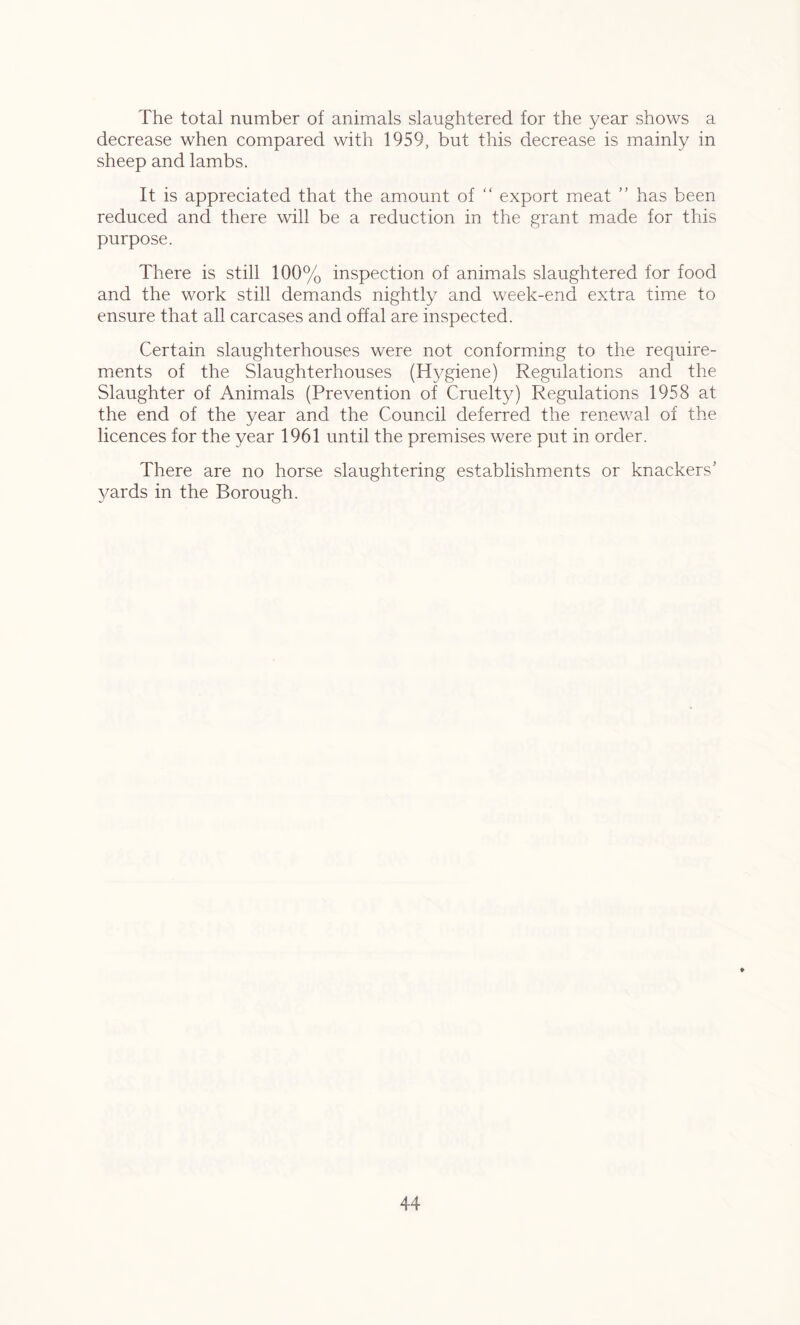 The total number of animals slaughtered for the year shows a decrease when compared with 1959, but this decrease is mainly in sheep and lambs. It is appreciated that the amount of “ export meat ” has been reduced and there will be a reduction in the grant made for this purpose. There is still 100% inspection of animals slaughtered for food and the work still demands nightly and week-end extra time to ensure that all carcases and offal are inspected. Certain slaughterhouses were not conforming to the require- ments of the Slaughterhouses (Hygiene) Regulations and the Slaughter of Animals (Prevention of Cruelty) Regulations 1958 at the end of the year and the Council deferred the renewal of the licences for the year 1961 until the premises were put in order. There are no horse slaughtering establishments or knackers' yards in the Borough. ♦