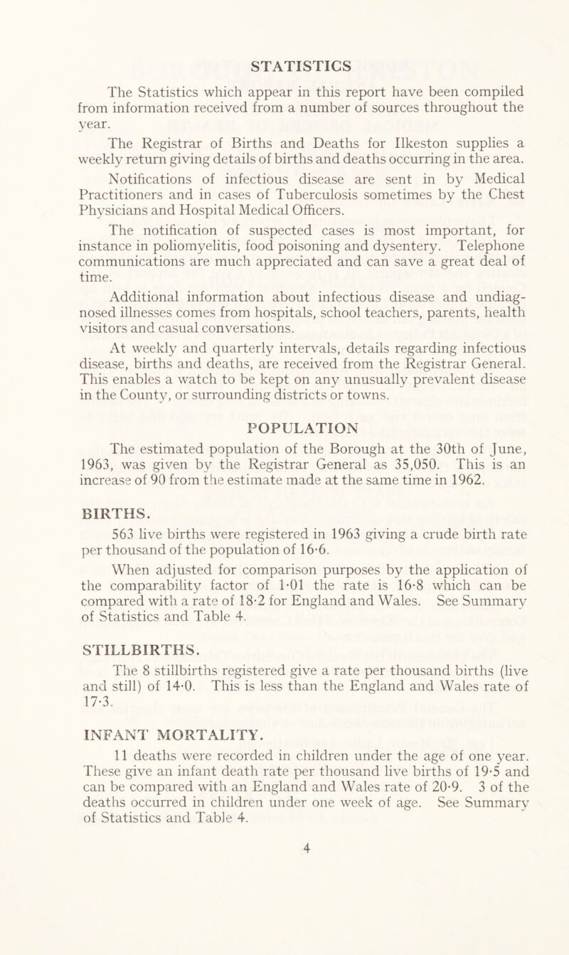 STATISTICS The Statistics which appear in this report have been compiled from information received from a number of sources throughout the year. The Registrar of Births and Deaths for Ilkeston supplies a weekly return giving details of births and deaths occurring in the area. Notifications of infectious disease are sent in by Medical Practitioners and in cases of Tuberculosis sometimes by the Chest Physicians and Hospital Medical Officers. The notification of suspected cases is most important, for instance in poliomyelitis, food poisoning and dysentery. Telephone communications are much appreciated and can save a great deal of time. Additional information about infectious disease and undiag- nosed illnesses comes from hospitals, school teachers, parents, health visitors and casual conversations. At weekly and quarterly intervals, details regarding infectious disease, births and deaths, are received from the Registrar General. This enables a watch to be kept on any unusually prevalent disease in the County, or surrounding districts or towns. POPULATION The estimated population of the Borough at the 30th of June, 1963, was given by the Registrar General as 35,050. This is an increase of 90 from the estimate made at the same time in 1962. BIRTHS. 563 live births were registered in 1963 .giving a crude birth rate per thousand of the population of 16-6. When adjusted for comparison purposes by the application of the comparability factor of 1-01 the rate is 16-8 which can be compared with a rate of 18-2 for England and Wales. See Summary of Statistics and Table 4. STILLBIRTHS. The 8 stillbirths registered give a rate per thousand births (live and still) of 14-0. This is less than the England and Wales rate of 17-3. INFANT MORTALITY. 11 deaths were recorded in children under the age of one year. These give an infant death rate per thousand live births of 19-5 and can be compared with an England and Wales rate of 20*9. 3 of the deaths occurred in children under one week of age. See Summary of Statistics and Table 4.