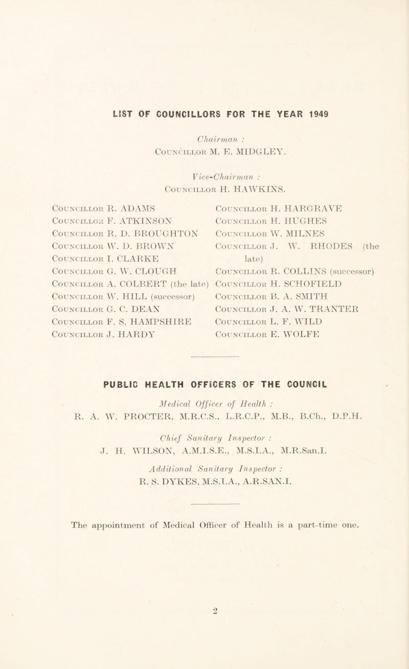 L8ST OF GOU^CSLLORS FOR THE YEAR 1949 Chairman : Councillor M. E. MIDGLEY. V ice-Chair m a n : Councillor H. HAWKINS. Councillor R. ADAMS Councillor F. ATKINSON Councillor R. D. BROUGHTON Councillor W. D. BROWN Councillor I. CLARKE Councillor G. W. CLOUGH Councillor A. COLBERT (the late) Councillor W. HILL (successor) Councillor G. C. DEAN Councillor F. S. HAMPSHIRE Councillor J. HARDY Councillor H. HARGRAVE Councillor H. HUGHES Councillor W. MILNES Councillor J. W. RHODES (the late) Councillor R. COLLINS (successor) Councillor H. SCHOFIELD Councillor B. A. SMITH Councillor J. A. W. TRANTER Councillor L. F. WILD Councillor E. WOLFE PUBUG HEALTH OFFICERS OF THE COUNCIL Medical Officer of Health : R. A. W. PROCTER, M.R.C.S., L.R.C.P., M.B., B.Ch., D.P.H. Chief Sanitary Inspector : J. H. WILSON, A.M.I.S.E., M.S.I.A., M.R.San.I. Additional Sanitary Inspector : R. S. DYKES, M.S.I.A., A.R.SAN.I. The appointment of Medical Officer of Health is a part-time one. 9