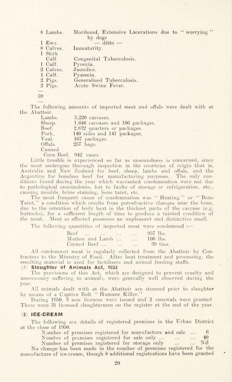 8 Lambs. 1 Ewa. 8 Calves. 1 Stirk Calf. 1 Calf. 2 Calves. 1 Calf. 2 Pigs. 2 Pigs. Moribund, Extensive Lacerations due to “ worrying ” by dogs — ditto — Immaturity. Congenital Tuberculosis. Pyrexia. Jaundice. Pyaemia. Generalised Tuberculosis. Acute Swine Fever. 59 The following amounts of imported meat and offals were dealt with at the Abattoir. Lambs. 5,220 carcases. Sheep. 1,646 carcases and 106 packages. Beef. 2,832 quarters or packages. Pork. 140 sides and 141 packages. Veal. 167 packages. Offals. 257 bags. Canned Corn Beef. 942 cases. Little trouble is experienced so far as unsoundness is concerned, since the meat undergoes thorough inspection in the countries of origin that is, Australia and New Zealand for beef, sheep, lambs and offals, and the Argentine for boneless beef for manufacturing purposes. The only con- ditions found during the year which warranted condemnation were not due to pathological unsoundness, but to faults of storage or refrigeration, etc., causing moulds, brine staining, bone taint, etc. The most frequent cause of condemnation was “ Heating ” or “ Bone Taint,” a condition which results from putrefractive changes near the bone, due to the retention of body heat in the thickest parts of the carcase (e.g. buttocks), for a sufficient length of time to produce a tainted condition of the meat. Meat so affected possesses an unpleasant and distinctive smell. The following quantities of imported meat were condemned :— Beef ... ... ... ... 957 lbs. Mutton and Lamb ... ... 106 lbs. Corned Beef ... ... ... 39 tins. All condemned meat is regularly collected from the Abattoir by Con- tractors to the Ministry of Food. After heat treatment and processing, the resulting material is used for fertilisers and animal feeding stuffs. (b) Slaughter of Animals Act, 1933 The provisions of this Act, which are designed to prevent cruelty and unnecessary suffering to animals, were generally well observed during the year. All animals dealt with at the Abattoir are stunned prior to slaughter by means of a Captive Bolt “ Humane Killer.” During 1950, 3 new* licences were issued and 2 renewals were granted There were 31 licensed slaughtermen on the register at the end of the year. (3) ICE-CREAM The following are details of registered premises in the Urban District at the close of 1950. Number of premises registered for manufacture and sale ... 6 Number of premises registered for sale only ... ... ... 40 Number of premises registered for storage only ... ... Nil No change has been made in the number of premises registered for the manufacture of ice-cream, though 8 additional registrations have been granted