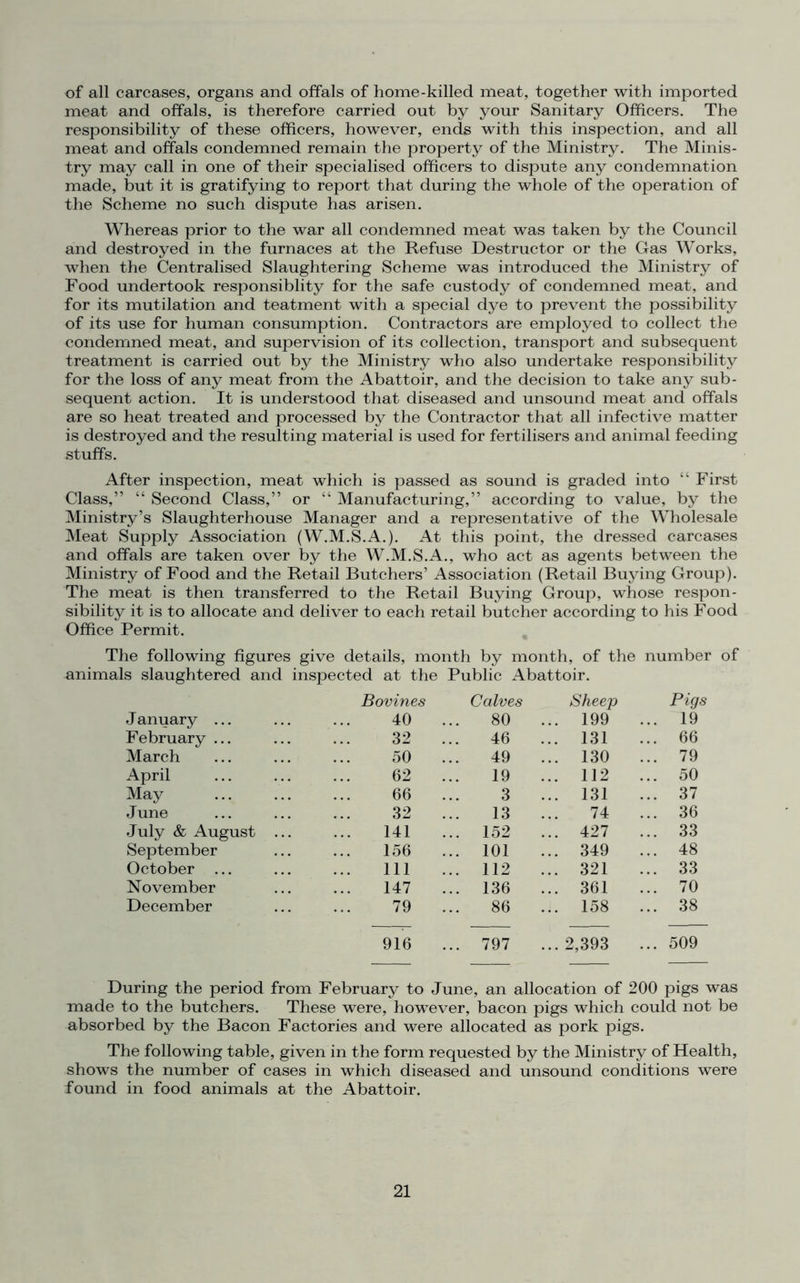 of all carcases, organs and offals of home-killed meat, together with imported meat and offals, is therefore carried out by your Sanitary Officers. The responsibility of these officers, however, ends with this inspection, and all meat and offals condemned remain the property of the Ministry. The Minis- try may call in one of their specialised officers to dispute any condemnation made, but it is gratifying to report that during the whole of the operation of the Scheme no such dispute has arisen. Whereas prior to the war all condemned meat was taken by the Council and destroyed in the furnaces at the Refuse Destructor or the Gas Works, when the Centralised Slaughtering Scheme was introduced the Ministry of Food undertook responsiblity for the safe custody of condemned meat, and for its mutilation and teatment with a special dye to prevent the possibility of its use for human consumption. Contractors are employed to collect the condemned meat, and supervision of its collection, transport and subsequent treatment is carried out by the Ministry who also undertake responsibility for the loss of any meat from the Abattoir, and the decision to take any sub- sequent action. It is understood that diseased and unsound meat and offals are so heat treated and processed by the Contractor that all infective matter is destroyed and the resulting material is used for fertilisers and animal feeding stuffs. After inspection, meat which is passed as sound is graded into “ First Class,” “ Second Class,” or “ Manufacturing,” according to value, by the Ministry’s Slaughterhouse Manager and a representative of the Wholesale Meat Supply Association (W.M.S.A.). At this point, the dressed carcases and offals are taken over by the W.M.S.A., who act as agents between the Ministry of Food and the Retail Butchers’ Association (Retail Buying Group). The meat is then transferred to the Retail Buying Group, whose respon- sibility it is to allocate and deliver to each retail butcher according to his Food Office Permit. The following figures give details, month by month, of the number of animals slaughtered and inspected at the Public Abattoir. Bovines Calves Sheep Pigs January ... 40 80 ... 199 ... 19 February ... 32 46 ... 131 ... 66 March 50 ... 49 ... 130 ... 79 April 62 19 ... 112 ... 50 May 66 3 ... 131 ... 37 June 32 13 74 ... 36 July & August ... 141 ... 152 ... 427 ... 33 September 156 ... 101 ... 349 ... 48 October ... 111 ... 112 ... 321 ... 33 November 147 ... 136 ... 361 ... 70 December 79 86 ... 158 ... 38 916 ... 797 ... 2,393 ... 509 During the period from February to June, an allocation of 200 pigs was made to the butchers. These were, however, bacon pigs which could not be absorbed by the Bacon Factories and were allocated as pork pigs. The following table, given in the form requested by the Ministry of Health, shows the number of cases in which diseased and unsound conditions were found in food animals at the Abattoir.