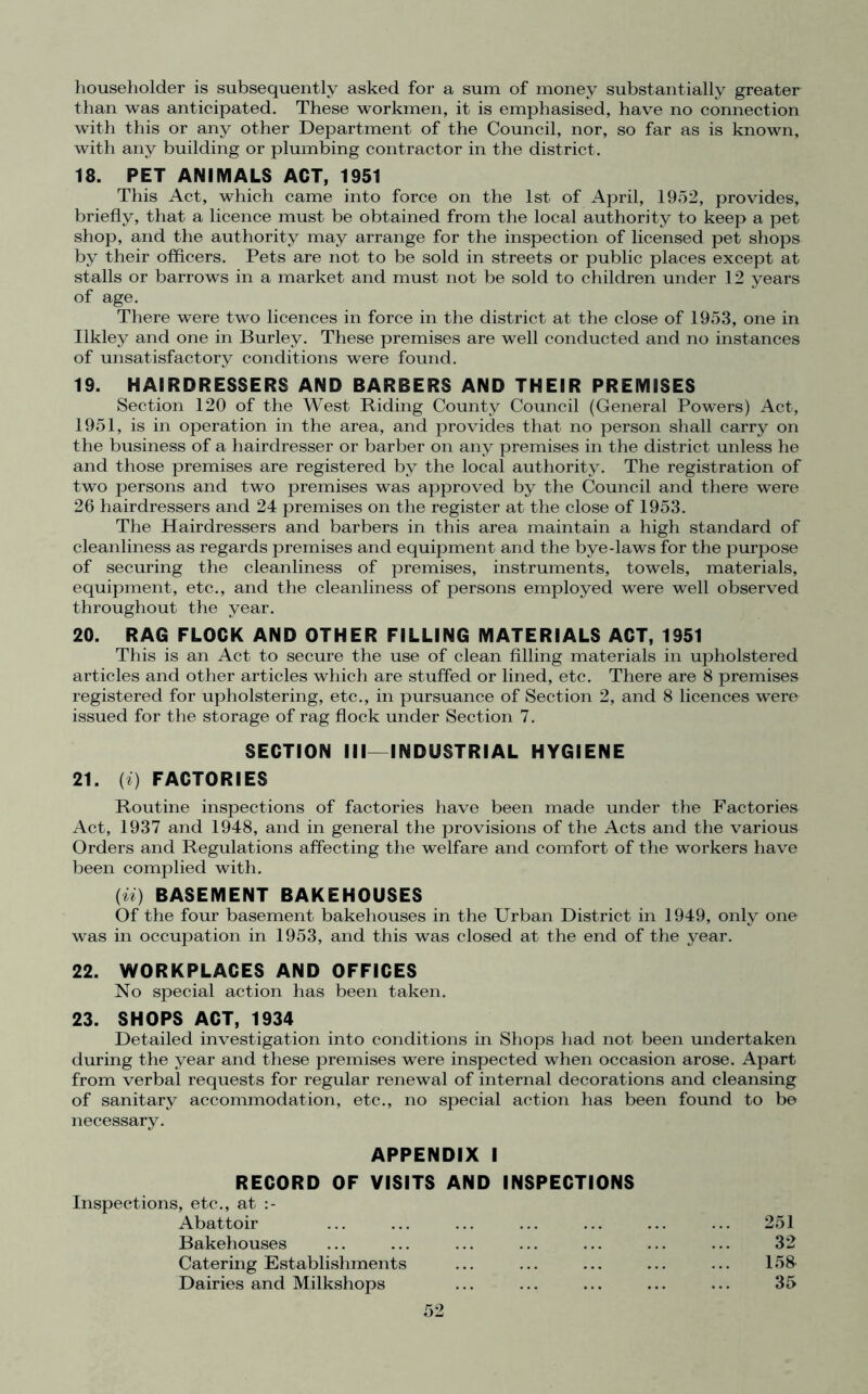 householder is subsequently asked for a sum of money substantially greater than was anticipated. These workmen, it is emphasised, have no connection with this or any other Department of the Council, nor, so far as is known, with any building or plumbing contractor in the district. 18. PET ANIMALS ACT, 1951 This Act, which came into force on the 1st of April, 1952, provides, briefly, that a licence must be obtained from the local authority to keep a pet shop, and the authority may arrange for the inspection of licensed pet shops by their officers. Pets are not to be sold in streets or public places except at stalls or barrows in a market and must not be sold to children under 12 years of age. There were two licences in force in the district at the close of 1953, one in Ilkley and one in Burley. These premises are well conducted and no instances of unsatisfactory conditions were found. 19. HAIRDRESSERS AND BARBERS AND THEIR PREMISES Section 120 of the West Riding County Council (General Powers) Act, 1951, is in operation in the area, and provides that no person shall carry on the business of a hairdresser or barber on any premises in the district unless he and those premises are registered by the local authority. The registration of two persons and two premises was approved by the Council and there were 26 hairdressers and 24 premises on the register at the close of 1953. The Hairdressers and barbers in this area maintain a high standard of cleanliness as regards premises and equipment and the bye-laws for the purpose of securing the cleanliness of premises, instruments, towels, materials, equipment, etc., and the cleanliness of persons employed were well observed throughout the year. 20. RAG FLOCK AND OTHER FILLING MATERIALS ACT, 1951 This is an Act to secure the use of clean filling materials in upholstered articles and other articles which are stuffed or lined, etc. There are 8 premises registered for upholstering, etc., in pursuance of Section 2, and 8 licences were issued for the storage of rag flock under Section 7. SECTION III—INDUSTRIAL HYGIENE 21. (i) FACTORIES Routine inspections of factories have been made under the Factories Act, 1937 and 1948, and in general the provisions of the Acts and the various Orders and Regulations affecting the welfare and comfort of the workers have been complied with. (ii) BASEMENT BAKEHOUSES Of the four basement bakehouses in the Urban District in 1949, only one was in occupation in 1953, and this was closed at the end of the year. 22. WORKPLACES AND OFFICES No special action has been taken. 23. SHOPS ACT, 1934 Detailed investigation into conditions in Shops had not been undertaken during the year and these premises were inspected when occasion arose. Apart from verbal requests for regular renewal of internal decorations and cleansing of sanitary accommodation, etc., no special action has been found to be necessary. APPENDIX I RECORD OF VISITS AND INSPECTIONS Inspections, etc., at Abattoir Bakehouses Catering Establishments Dairies and Milkshops 251 32 158 35