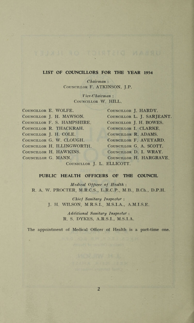 LIST OF COUNCILLORS FOR THE YEAR 1954 Chairman : Councillor F. ATKINSON, J.P. Vice-Chairman : Councillor W HILL. Councillor E. WOLFE. Councillor J. H. MAWSON. Councillor F. S. HAMPSHIRE. Councillor R. THACKRAH. Councillor J. H. COLE. Councillor G. W. CLOUGH. Councillor H. ILLINGWORTH. Councillor H. HAWKINS. Councillor G. MANN. COUNICLLOR J. Councillor J. HARDY. Councillor L. J. SARJEANT. Councillor J. H. BOWES. Councillor I. CLARKE. Councillor R. ADAMS. Councillor F. AVEYARD. Councillor G. A. SCOTT. Councillor D. I. WRAY. Councillor H. HARGRAVE. ELLICOTT. PUBLIC HEALTH OFFICERS OF THE COUNCIL Medical Officer of Health : R. A. W. PROCTER, M.R.C.S., L.R.C.P., M.B., B.Ch., D.P.H. Chief Sanitary Inspector : J. FI. WILSON, M.R.S.I., M.S.I.A., A.M.I.S.E. Additional Sanitary Inspector : R. S. DYKES, A.R.S.I., M.S.I.A. The appointment of Medical Officer of Health is a part-time one.