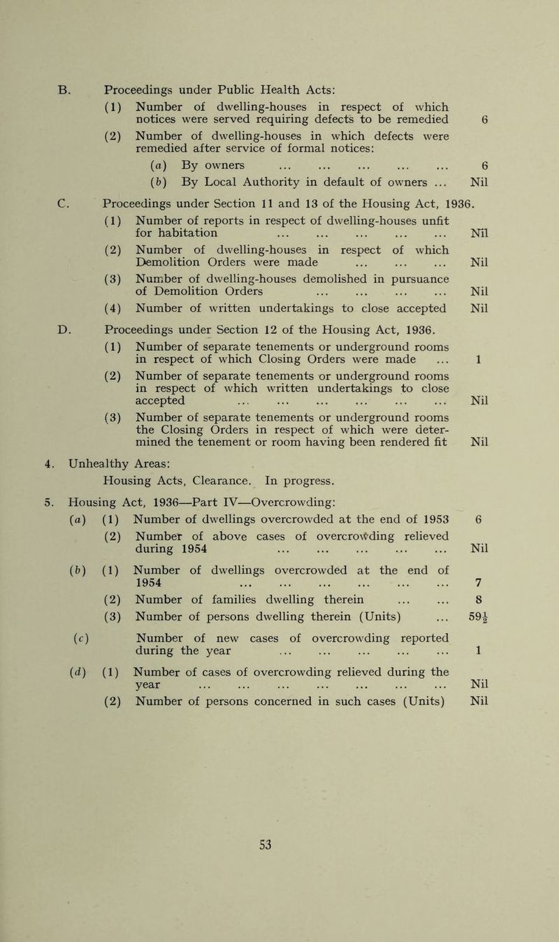 B. Proceedings under Public Health Acts: (1) Number of dwelling-houses in respect of which notices were served requiring defects to be remedied 6 (2) Number of dwelling-houses in which defects were remedied after service of formal notices: (a) By owners 6 (6) By Local Authority in default of owners ... Nil C. Proceedings under Section 11 and 13 of the Housing Act, 1936. (1) Number of reports in respect of dwelling-houses unfit for habitation Nil (2) Number of dwelling-houses in respect of which Demolition Orders were made Nil (3) Number of dwelling-houses demolished in pursuance of Demolition Orders Nil (4) Number of written undertakings to close accepted Nil D. Proceedings under Section 12 of the Housing Act, 1936. (1) Number of separate tenements or underground rooms in respect of which Closing Orders were made 1 (2) Number of separate tenements or underground rooms in respect of which written undertakings to close accepted Nil (3) Number of separate tenements or underground rooms the Closing Orders in respect of which were deter- mined the tenement or room having been rendered fit Nil 4. Unhealthy Areas: Housing Acts, Clearance. In progress. 5. Housing Act, 1936—Part IV—Overcrowding: (a) (1) Number of dwellings overcrowded at the end of 1953 6 (2) Number of above cases of overcrowding relieved during 1954 ... Nil (*) (1) Number of dwellings overcrowded at the end of 1954 7 (2) Number of families dwelling therein 8 (3) Number of persons dwelling therein (Units) 59-| (c) Number of new cases of overcrowding reported during the year 1 (d) (1) Number of cases of overcrowding relieved during the year Nil (2) Number of persons concerned in such cases (Units) Nil