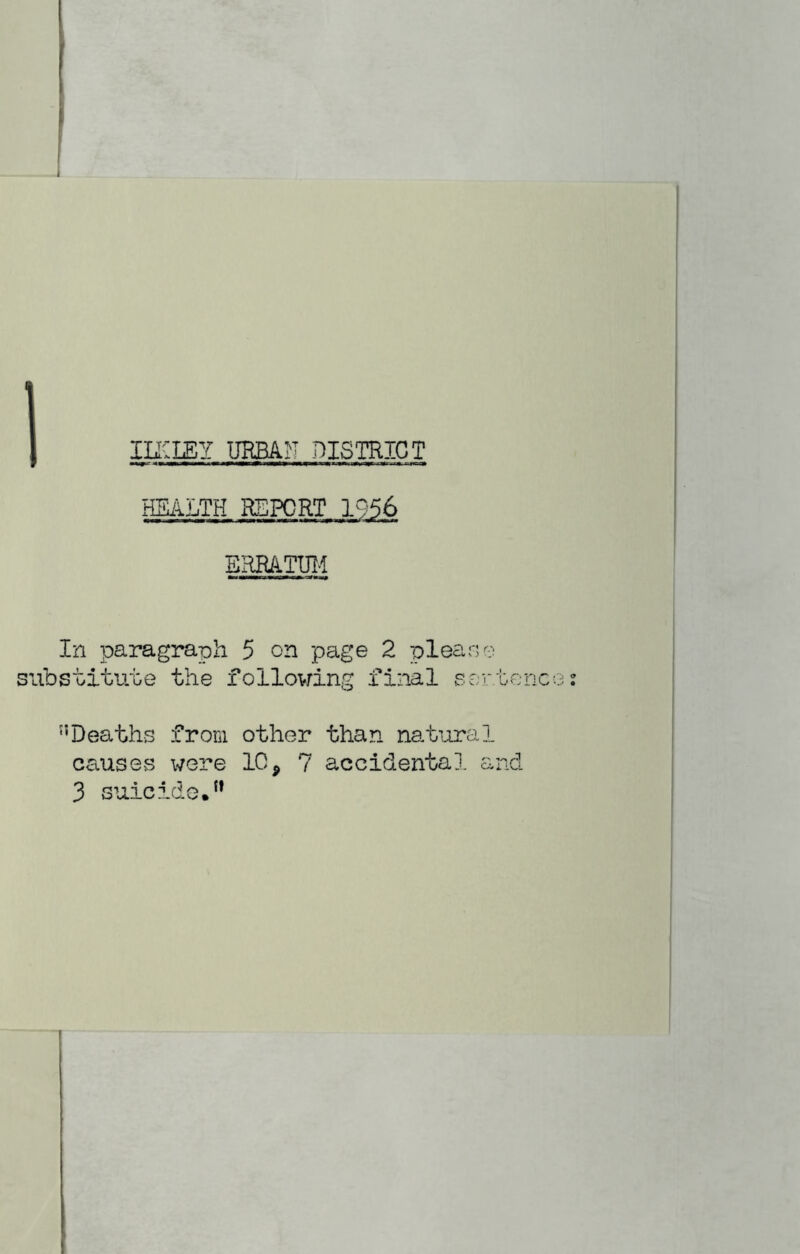 ILK LEY URBAN DISTRICT HEALTH REPORT 1956 ERRATUM In paragraph 5 on page 2 plea no substitute the following final sentence: 15Deaths from other than natural causes were 109 7 accidental and 3 suicide,