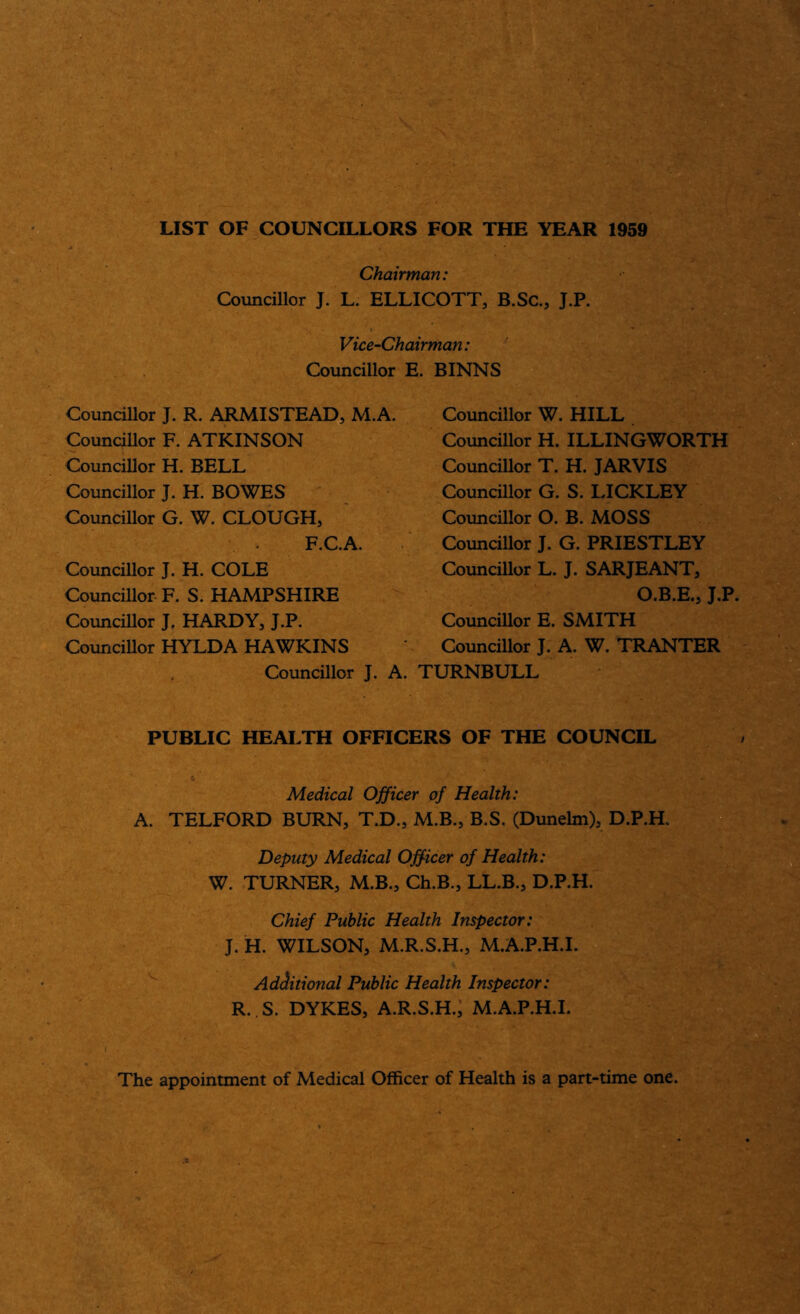 LIST OF COUNCILLORS FOR THE YEAR 1959 Chairman: Councillor J. L. ELLICOTT, B.Sc., J.P. Vice-Chairman: Councillor 1 Councillor J. R. ARMISTEAD, M.A. Councillor F. ATKINSON Councillor H. BELL Councillor J. H. BOWES Councillor G. W. CLOUGH, F.C.A. Councillor J. H. COLE Councillor F. S. HAMPSHIRE Councillor J. HARDY, J.P. Councillor HYLDA HAWKINS , Councillor J. A. ;. BINNS Councillor W. HILL Councillor H. ILLINGWORTH Councillor T. H. JARVIS Councillor G. S. LICKLEY Councillor O. B. MOSS Councillor J. G. PRIESTLEY Councillor L. J. SARJEANT, O.B.E., J.P. Councillor E. SMITH Councillor J. A. W. TRANTER TURNBULL PUBLIC HEALTH OFFICERS OF THE COUNCIL Medical Officer pf Health: A. TELFORD BURN, T.D., M.B., B.S. (Dunelm), D.P.H. Deputy Medical Officer of Health: W. TURNER, M.B., Ch.B., LL.B., D.P. H. Chief Public Health Inspector: J. H. WILSON, M.R.S.H., M.A.P.H.I. Additional Public Health Inspector: R. S. DYKES, A.R.S.H.; M.A.P.H.I. The appointment of Medical Officer of Health is a part-time one.