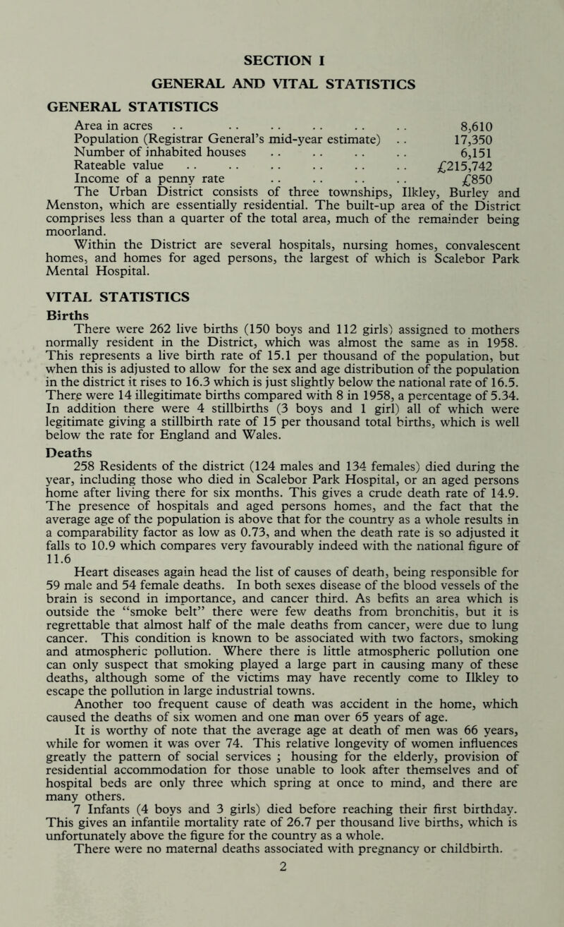 GENERAL AND VITAL STATISTICS GENERAL STATISTICS Area in acres .. . . . . . . . . . . 8,610 Population (Registrar General’s mid-year estimate) . . 17,350 Number of inhabited houses .. .. .. .. 6,151 Rateable value . . . . .. . . .. . . £215,742 Income of a penny rate . . . . . . . . £850 The Urban District consists of three townships, Ilkley, Burley and Menston, which are essentially residential. The built-up area of the District comprises less than a quarter of the total area, much of the remainder being moorland. Within the District are several hospitals, nursing homes, convalescent homes, and homes for aged persons, the largest of which is Scalebor Park Mental Hospital. VITAL STATISTICS Births There were 262 live births (150 boys and 112 girls) assigned to mothers normally resident in the District, which was almost the same as in 1958. This represents a live birth rate of 15.1 per thousand of the population, but when this is adjusted to allow for the sex and age distribution of the population in the district it rises to 16.3 which is just slightly below the national rate of 16.5. There were 14 illegitimate births compared with 8 in 1958, a percentage of 5.34. In addition there were 4 stillbirths (3 boys and 1 girl) all of which were legitimate giving a stillbirth rate of 15 per thousand total births, which is well below the rate for England and Wales. Deaths 258 Residents of the district (124 males and 134 females) died during the year, including those who died in Scalebor Park Hospital, or an aged persons home after living there for six months. This gives a crude death rate of 14.9. The presence of hospitals and aged persons homes, and the fact that the average age of the population is above that for the country as a whole results in a comparability factor as low as 0.73, and when the death rate is so adjusted it falls to 10.9 which compares verv favourably indeed with the national figure of 11.6 Heart diseases again head the list of causes of death, being responsible for 59 male and 54 female deaths. In both sexes disease of the blood vessels of the brain is second in importance, and cancer third. As befits an area which is outside the “smoke belt” there were few deaths from bronchitis, but it is regrettable that almost half of the male deaths from cancer, were due to lung cancer. This condition is known to be associated with two factors, smoking and atmospheric pollution. Where there is little atmospheric pollution one can only suspect that smoking played a large part in causing many of these deaths, although some of the victims may have recently come to Ilkley to escape the pollution in large industrial towns. Another too frequent cause of death was accident in the home, which caused the deaths of six women and one man over 65 years of age. It is worthy of note that the average age at death of men was 66 years, while for women it was over 74. This relative longevity of women influences greatly the pattern of social services ; housing for the elderly, provision of residential accommodation for those unable to look after themselves and of hospital beds are only three which spring at once to mind, and there are many others. 7 Infants (4 boys and 3 girls) died before reaching their first birthday. This gives an infantile mortality rate of 26.7 per thousand live births, which is unfortunately above the figure for the country as a whole. There were no maternal deaths associated with pregnancy or childbirth.