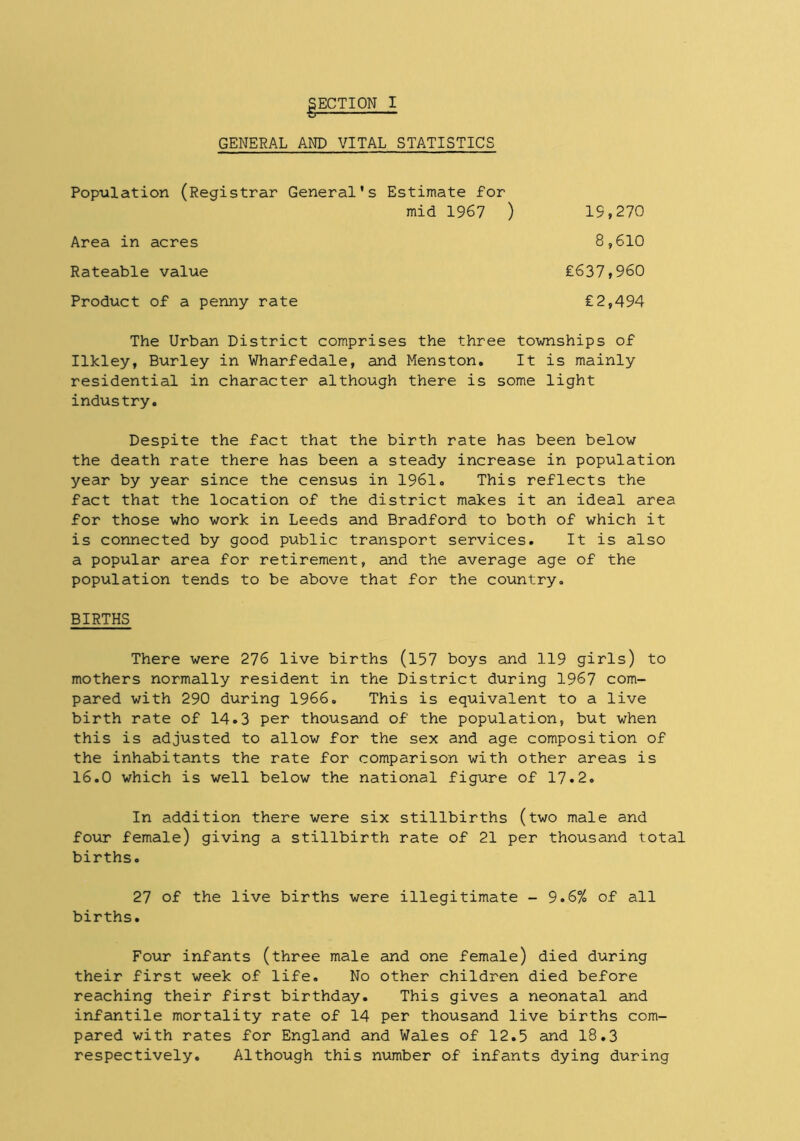 GENERAL AND VITAL STATISTICS Population (Registrar General's Estimate for mid 1967 ) 19,270 8,610 Area in acres Rateable value Product of a penny rate £637,960 £2,494 The Urban District comprises the three townships of Ilkley, Burley in Wharfedale, and Menston. It is mainly residential in character although there is some light industry. Despite the fact that the birth rate has been below the death rate there has been a steady increase in population year by year since the census in 1961. This reflects the fact that the location of the district makes it an ideal area for those who work in Leeds and Bradford to both of which it is connected by good public transport services. It is also a popular area for retirement, and the average age of the population tends to be above that for the country. BIRTHS There were 276 live births (157 boys and 119 girls) to mothers normally resident in the District during 1967 com- pared with 290 during 1966. This is equivalent to a live birth rate of 14.3 per thousand of the population, but when this is adjusted to allow for the sex and age composition of the inhabitants the rate for comparison with other areas is 16.0 which is well below the national figure of 17.2. In addition there were six stillbirths (two male and four female) giving a stillbirth rate of 21 per thousand total births. 27 of the live births were illegitimate - 9.6% of all births. Four infants (three male and one female) died during their first week of life. No other children died before reaching their first birthday. This gives a neonatal and infantile mortality rate of 14 per thousand live births com- pared with rates for England and Wales of 12.5 and 18.3 respectively. Although this number of infants dying during