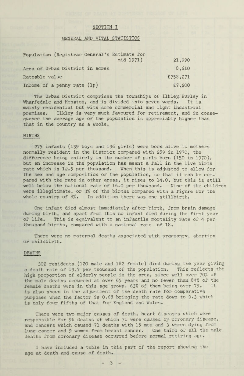 GENERAL AND VITAL STATISTICS Population (Registrar General's Estimate for mid 1971) 21,990 8,610 Area of Urban District in acres Rateable value Income of a penny rate (lp) £758,271 £7,200 The Urban District comprises the townships of Ilkley, Burley in Wharfedale and Menston, and is divided into seven wards. It is mainly residential but with some commercial and light industrial premises. Ilkley is very much favoured for retirement, and in conse- quence the average age of the population is appreciably higher than that in the country as a whole. BIRTHS 275 infants (139 boys and 136 girls) were born alive to mothers normally resident in the District compared with 289 in 1970, the difference being entirely in the number of girls born (150 in 1970), but an increase in the population has meant a fall in the live birth rate which is 12.5 per thousand. When this is adjusted to allow for the sex and age composition of the population, so that it can be com- pared with the rate in other areas, it rises to 14.0, but this is still well below the national rate of 16.0 per thousand. Nine of the children were illegitimate, or 3% of the births compared with a figure for the whole country of 8%. In addition there was one stillbirth. One infant died almost immediately after birth, from brain damage during birth, and apart from this no infant died during the first year of life. This is equivalent to an infantile mortality rate of 4 per thousand births, compared with a national rate of 18. There were no maternal deaths associated with pregnancy, abortion or childbirth. DEATHS 302 residents (120 male and 182 female) died during the year giving a death rate of 13.7 per thousand of the population. This reflects the high proportion of elderly people in the area, since well over 70% of the male deaths occurred at over 65 years and no fewer than 84% of the female deaths were in this age group, 63% of them being over 75= It is also shown in the adjustment of the death rate for comparative purposes when the factor is 0.68 bringing the rate down to 9=3 which is only four fifths of that for England and Wales. There were two major causes of death, heart diseases which were responsible for 96 deaths of which 71 were caused by coronary disease, and cancers which caused 71 deaths with 15 men and 3 women dying from lung cancer and 9 women from breast cancer. One third of all the male deaths from coronary disease occurred before normal retiring age. I have included a table in this part of the report showing the age at death and cause of death. 3