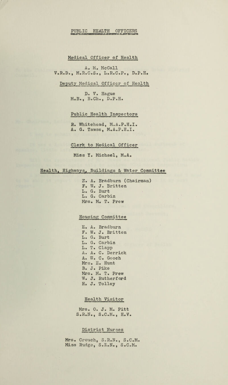 PUBLIC HEALTH OFFICERS Medical Officer of Health A. M, McCall V«R»D«y M«H«CsS«) L»R*C*P*) D»P*H* Deputy Medical Officer of Health D» V. Hague M.B., B.Ch., D.P.H. Public Health Inspectors R. Whitehead, M.A.P.H.I. A. G. Tawse, M.A.P.H.I, Clerk to Medical Officer Miss !• Michael, M.A, Health, Highways,, Buildings & Water Committee E. A. Bradburn (Chairman) F, W. J. Britten L, G* Burt L. G. Carbin Mrs. M. T. Prew Housing Committee E. A. Bradburn F. W. J. Britten L. G. Burt L. G. Carbin L. T. Clapp A. A. C. Derrick A. V/. C. Gooch Mrs. E. Hunt B. J. Pike Mrs. M. T. Prew W, J. Rutherford H. J. Tolley Health Visitor Mrs. 0. J. M. Pitt S.R.N., S.C.M., H.V. District Nurses Mrs. Crouch, S,R.N., S.C.M Miss Rudge, S.E.N., S.C.M.