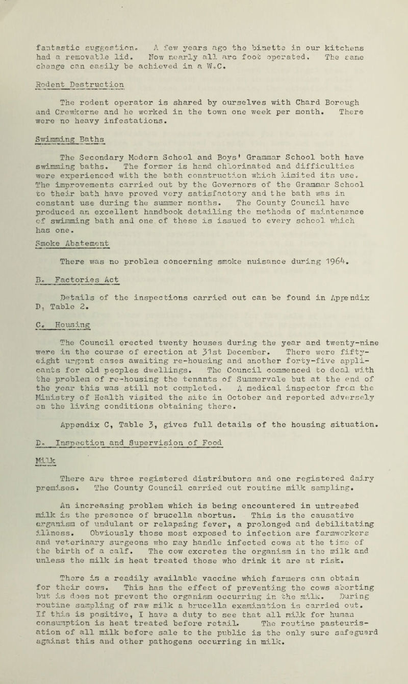 fantastic su^gestionr A fev/ j'-ears ago tho binetta in our kitchens had a removat3.e lid. Now nearly al3. arc foot operated. The eanie change can easily be achieved in a W.C. Rodent Destruction The rodent operator is shared by ourselves with Chard Borough and Crewkerne and he worked in the town one week per month. There were no heavy infestations. Swimming Baths The Secondary Modern School and Boys* Grammar School both have swimming baths. The former is ha.nd chlorinated and difficulties were experienced with the bath construction which j.imited its usCc The improvements carried out by the Governors of the Grammar School to their bath have proved very satisfactory and the bath v;as in constant use during the summer months. The County Council have produced an excellent handbook detailing the methods of ma3.ntenance of swimming bath and one of these is issued to every school v/hich has one. Smoke Abatement There was no problem concerning smoke nuisance during 1964. B.. Factories Act Details of the inspections carried out can be found in Appendix D, Table 2. C . Ho The Council erected tv/enty houses during the year and twenty-nine were in the course of erection at 3'lst December. There were fifty- eight urgent cases awaiting re-housing and another forty-five appli- cants for old peoples dwellings. Tho Council commenced to deal with the problem of re-housing the tenants of Summervale but at the end of tho year this was still not completed, A medical inspector from the Ministry of Health visited the site in October and reported adversely on the living conditions obtaining there. Appendix C, Table 3j gives full details of the housing situation. D>. Inspection and gupervision of Food There are three registered distributors and one registered daD.ry premises. The County Council carried cut routine milk sampling. An increasing problem v/hich is being encountered in untreated milk is the presence of brucella abortus. This is the causative organism of u.ndulant or relapsing fever, a pro3.onged and debilitating illness. Obviously those most exposed to infection are farmworkers and veterinary surgeons who may handle infected cows at the time of the birth of a calf. The cow excretes the organism in tho milk and unless the milk is heat treated those who drink it are at risk. There is a readily available vaccine which farmers can obtain for their cov/s. This has the effect of preventing the cows aborting but is does not prevent the organism occurring in the milK. During routine sampling of raw mil.k a brucella examination is carried out. If this is positive, I have a duty to see that all nil'Jc for human consumption is heat treated before retail. The routine pasteuris- ation of all milk before sale to the public is the only sure safeguard against this and other pathogens occurring in milk.