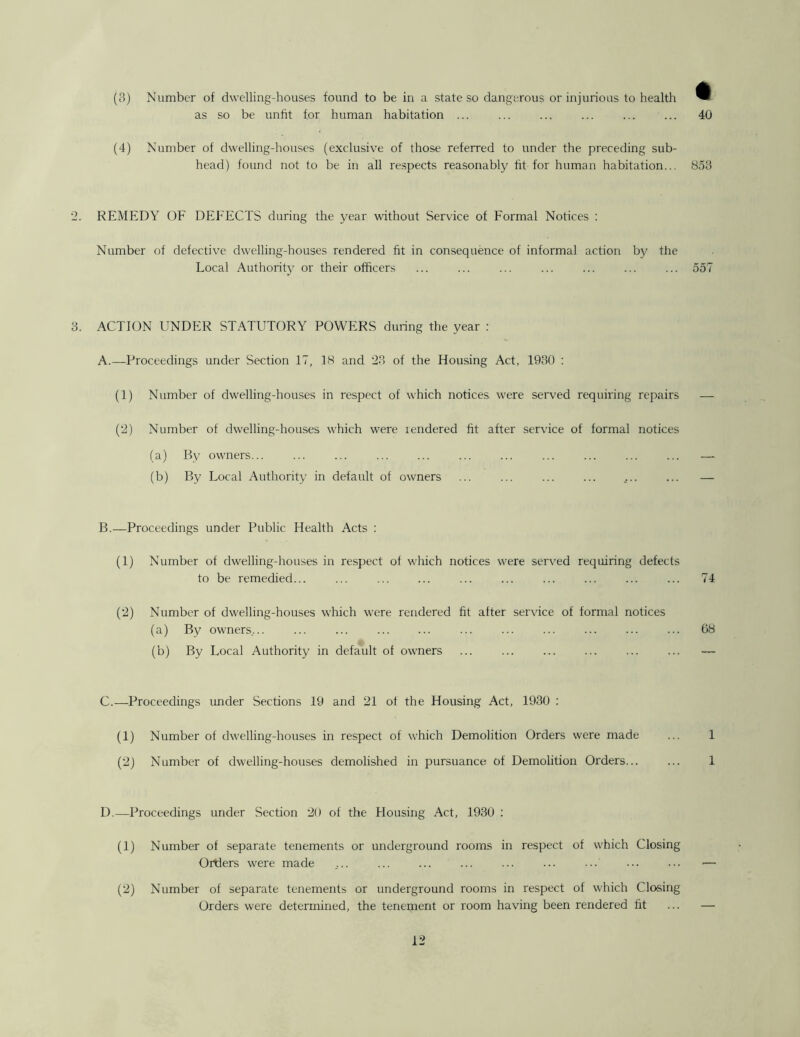 as so be unlit for human habitation ... ... ... ... ... ... 40 (4) Number of dwelling-houses (exclusive of those referred to under the preceding sub- head) found not to be in all respects reasonably fit for human habitation... 858 REMEDY OF DEFECTS during the year without Service of Formal Notices : Number of defective dwelling-houses rendered fit in consequence of informal action by the Local Authority or their officers ... ... ... ... ... ... ... 557 ACTION UNDER STATUTORY POWERS during the year : A.—Proceedings under Section 17, 18 and ’23 of the Housing Act, 1930 : (1) Number of dwelling-houses in respect of which notices were served requiring repairs (2) Number of dwelling-houses which were lendered fit after service of formal notices (a) By owners... (b) By Local Authority in default of owners B. —Proceedings under Public Health Acts : (1) Number of dwelling-houses in respect of which notices were served requiring defects to be remedied... ... 74 (2) Number of dwelling-houses which were rendered fit after service of formal notices (a) By owners.... 68 (b) By Local Authority in default of owners ... ... ... ... ... ... — C. —Proceedings imder Sections 19 and 21 of the Housing Act, 1930 : (1) Number of dwelling-houses in respect of which Demolition Orders were made ... 1 (2) Number of dwelling-houses demolished in pursuance of Demolition Orders... ... 1 D.—Proceedings under Section 20 of the Housing Act, 1930 : (1) Number of separate tenements or underground rooms in respect of which Closing Orders were made (2) Number of separate tenements or underground rooms in respect of which Closing Orders were determined, the tenement or room having been rendered fit