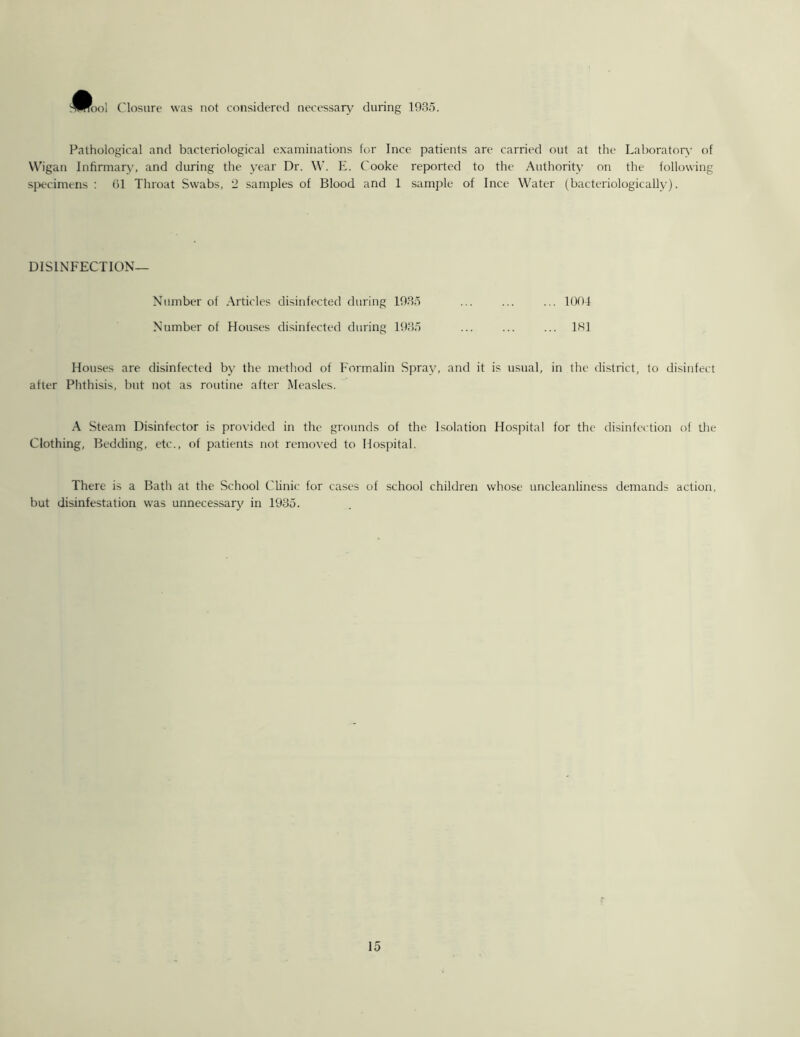 rool Closure was not considered necessary during 1935. Pathological and bacteriological examinations for Ince patients are carried out at the Laboratory of Wigan Infirmary, and during the year Dr. W. E. Cooke reported to the Authority on the following specimens : 61 Throat Swabs, 2 samples of Blood and 1 sample of Ince Water (bacteriologically). DISINFECTION— Number of Articles disinfected during 1935 ... ... ... 1004 Number of Houses disinfected during 1935 ... ... ... 181 Houses are disinfected by the method of Formalin Spray, and it is usual, in the district, to disinfect after Phthisis, but not as routine after Measles. A Steam Disinfector is provided in the grounds of the Isolation Hospital for the disinfection of the Clothing, Bedding, etc., of patients not removed to Hospital. There is a Bath at the School Clinic for cases of school children whose uncleanliness demands action, but disinfestation was unnecessary in 1935.