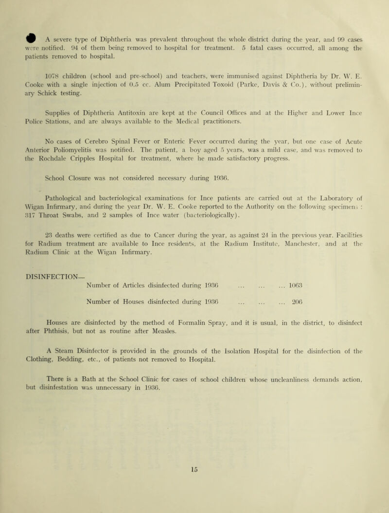 A severe type of Diphtheria was prevalent throughout the whole district during the year, and 99 cases were notified. 94 of them being removed to hospital for treatment. 5 fatal cases occurred, all among the patients removed to hospital. 1078 children (school and pre-school) and teachers, were immunised against Diphtheria by Dr. VV. E. Cooke with a single injection of 0.5 cc. Alum Precipitated Toxoid (Parke, Davis & Co.), without prelimin- ary Schick testing. Supplies of Diphtheria Antitoxin are kept at the Council Offices and at the Higher and Lower Ince Police Stations, and are always available to the Medical practitioners. No cases of Cerebro Spinal Fever or Enteric Fever occurred during the year, but one case of Acute Anterior Poliomyelitis was notified. The patient, a boy aged 5 years, was a mild case, and was removed to the Rochdale Cripples Hospital for treatment, where he made satisfactory progress. School Closure was not considered necessary during 1986. Pathological and bacteriological examinations for Ince patients are carried out at the Laboratory of Wigan Infirmary, and during the year Dr. W. E. Cooke reported to the Authority on the following specimens : 317 Throat Swabs, and 2 samples of Ince water (bacteriologicallv). 23 deaths were certified as due to Cancer during the year, as against 24 in the previous year. Facilities for Radium treatment arc available to Ince residents, at the Radium Institute, Manchester, and at the Radium Clinic at the Wigan Infirmary. DISINFECTION— Number of Articles disinfected during 1936 ... ... ... 1063 Number of Houses disinfected during 1936 206 Houses are disinfected by the method of Formalin Spray, and it is usual, in the district, to disinfect after Phthisis, but not as routine after Measles. A Steam Disinfector is provided in the grounds of the Isolation Hospital for the disinfection of the Clothing, Bedding, etc., of patients not removed to Hospital. There is a Bath at the School Clinic for cases of school children whose uncleanliness demands action, but disinfestation was unnecessary in 1936.