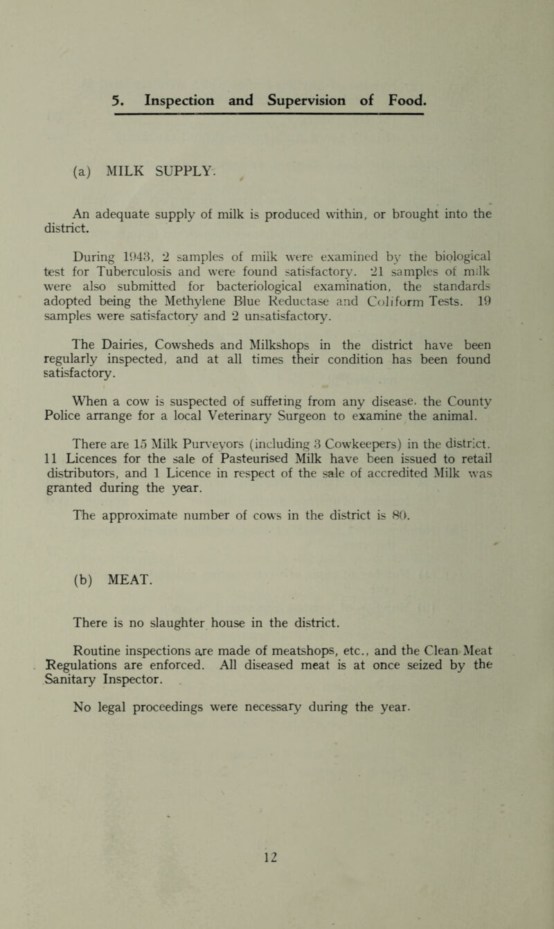 5. Inspection and Supervision of Food. (a) MILK SUPPLY. An adequate supply of milk is produced within, or brought into the district. During 1943, 2 samples of milk were examined by the biological test for Tuberculosis and were found satisfactory. 21 samples of milk were also submitted for bacteriological examination, the standards adopted being the Methylene Blue Reductase and Coliform Tests. 19 samples were satisfactory and 2 unsatisfactory. The Dairies, Cowsheds and Milkshops in the district have been regularly inspected, and at all times their condition has been found satisfactory. When a cow is suspected of suffering from any disease, the County Police arrange for a local Veterinary Surgeon to examine the animal. There are 15 Milk Purveyors (including 3 Cowkeepers) in the district. 11 Licences for the sale of Pasteurised Milk have been issued to retail distributors, and 1 Licence in respect of the sale of accredited Milk was granted during the year. The approximate number of cows in the district is 80. (b) MEAT. There is no slaughter house in the district. Routine inspections are made of meatshops, etc., and the Clean Meat Regulations are enforced. All diseased meat is at once seized by the .Sanitary Inspector. No legal proceedings were necessary during the year.