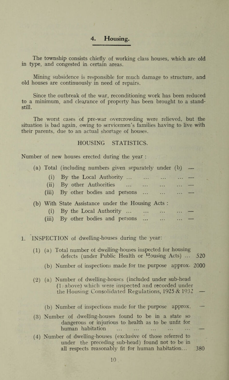 4. Housing. The township consists chiefly of working class houses, which are old in type, and congested in certain areas. Mining subsidence is responsible for much damage to structure, and old houses are continuously in need of repairs. Since the outbreak of the war, reconditioning work has been reduced to a minimum, and clearance of property has been brought to a stand- still. The worst cases of pre-war overcrowding were relieved, but the situation is bad again, owing to servicemen’s families having to live with their parents, due to an actual shortage of houses. HOUSING STATISTICS. Number of new houses erected during the year : (a) Total (including numbers given separately under (b) — (i) By the Local Authority ... ... ... ... — (ii) By other Authorities ... ... — (iii) By other bodies and persons ... ... ... — (b) With State Assistance under the Housing Acts : (i) By the Local Authority ... ... ... ... — (iii) By other bodies and persons ... ... ... — 1. INSPECTION of dwelling-houses during the year: (1) (a) Total number of dwelling-houses inspected for housing defects (under Public Health or Housing Acts) ... 520 (b) Number of inspections made for tne purpose approx. 2000 (2) (a) Number of dwelling-houses (included under sub-head (1) above) which were inspected and recorded under the Housing Consolidated Regulations, 1925 & 1932 — (b) Number of inspections made for the purpose approx. — (3) Number of dwelling-houses found to be in a state so dangerous or injurious to health as to be unfit for human habitation ... ... ... — (4) Number of dwelling-houses (exclusive of those referred to under the preceding sub-head) found not to be in all respects reasonably fit for human habitation... 380