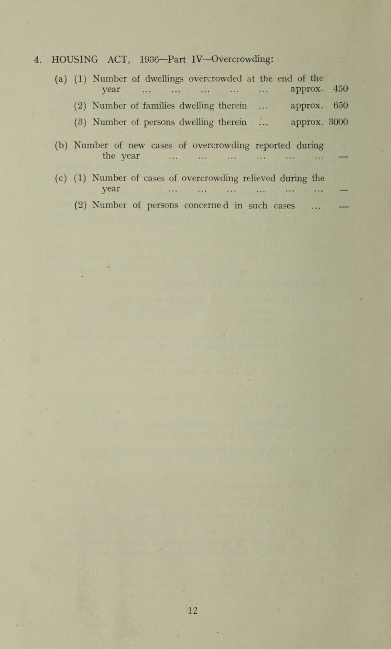 4. HOUSING ACT, 193G—Part IV—Overcrowding: (a) (1) Number of dwellings overcrowded at the end of the approx. 450 approx. 650 approx. 8000 year (2) Number of families dwelling therein (3) Number of persons dwelling therein (b) Number of new cases of overcrowding reported during the year (c) (1) Number of cases of overcrowding relieved during the year (2) Number of persons concerned in such cases