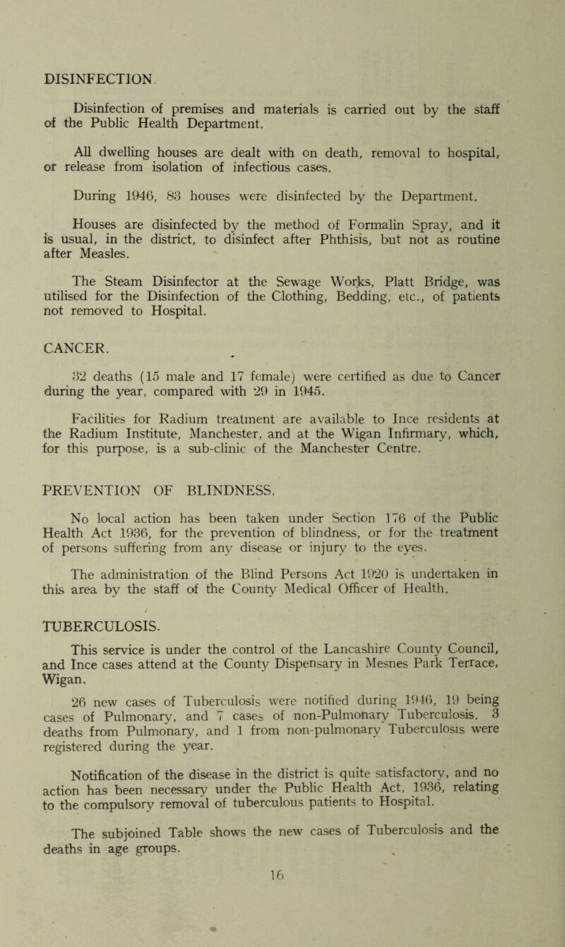 DISINFECTION. Disinfection of premises and materials is carried out by the staff of the Public Health Department. AU dwelling houses are dealt with on death, removal to hospital, or release from isolation of infectious cases. During 1946, 83 houses were disinfected by the Department. Houses are disinfected by the method of Formalin Spray, and it is usual, in the district, to disinfect after Phthisis, but not as routine after Measles. The Steam Disinfector at the Sew^age Works, Platt Bridge, was utilised for the Disinfection of the Clothing, Bedding, etc., of patients not removed to Hospital. CANCER. 32 deaths (15 male and 17 female) were certified as due to Cancer during the year, compared with 29 in 1945. Facilities for Radium treatment are available to Ince residents at the Radium Institute, Manchester, and at the Wigan Infirmary, which, for this purpose, is a sub-clinic of the Manchester Centre. PREVENTION OF BLINDNESS. No local action has been taken under Section 176 of the Public Health Act 1936, for the prevention of blindness, or for the treatment of persons suffering from an}^ disease or injury to the eyes. The administration of the Blind Persons Act 1920 is undertaken in this area by the staff of the County Medical Officer of Health. TUBERCULOSIS. This service is under the control of the Lancashire County Council, and Ince cases attend at the County Dispensary in Mesnes Park Terrace, Wigan. 26 new cases of Tuberculosis were notified during 194(), 19 being cases of Pulmonary, and 7 cases of non-Pulmonary Tuberculosis, 3 deaths from Pulmonary, and 1 from non-pulmonary Tuberculosis were registered during the year. Notification of the disease in the district is quite satisfactory, and no action has been necessary under the Public Health Act, 1936, relating to the compulsory removal of tuberculous patients to Hospital. The subjoined Table shows the new cases of Tuberculosis and the deaths in age groups.