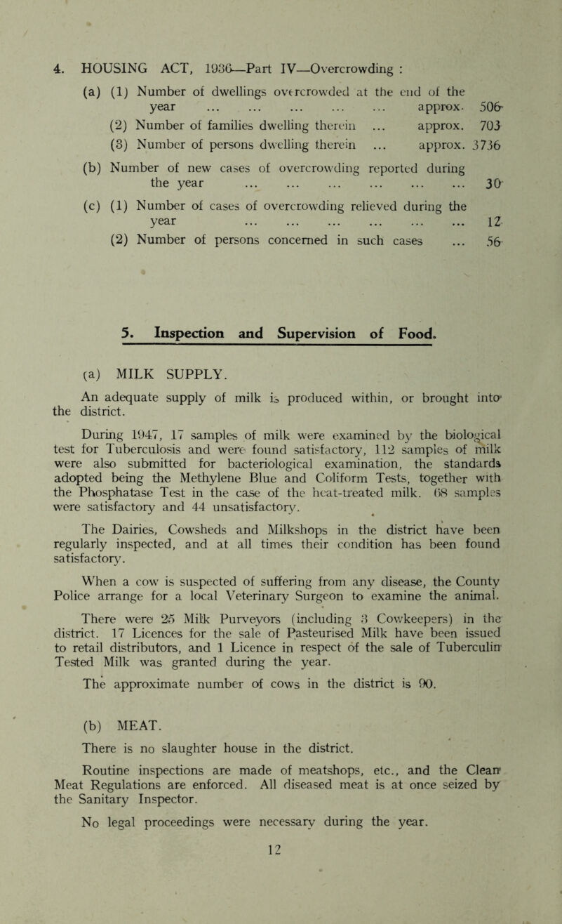 4. HOUSING ACT, 1936—Part IV—Overcrowding : (a) (1) Number of dwellings overcrowded at the end of the year approx. 50fr (2) Number of families dwelling therein ... approx. 703 (3) Number of persons dwelling therein ... approx. 3736 (b) Number of new cases of overcrowding reported during the year 30’ (c) (1) Number of cases of overcrowding relieved during the year 12 (2) Number of persons concerned in such cases ... 56 5. Inspection and Supervision of Food. (a) MILK SUPPLY. An adequate supply of milk is produced within, or brought into the district. During 1947, 17 samples of milk were examined by the biological test for Tuberculosis and were found satisfactory, 112 samples of milk were also submitted for bacteriological examination, the standards adopted being the Methylene Blue and Coliform Tests, together with the Phosphatase Test in the case of the heat-treated milk. ()8 samples were satisfactory and 44 unsatisfactory. The Dairies, Cowsheds and Milkshops in the district have been regularly inspected, and at all times their condition has been found satisfactory. When a cow is suspected of suffering from any disease, the County Police arrange for a local Veterinary Surgeon to examine the animal. There were 25 Milk Purveyors (including 3 Cowkeepers) in the district. 17 Licences for the sale of Pasteurised Milk have been issued to retail distributors, and 1 Licence in respect of the sale of Tuberculin Tested Milk was granted during the year. The approximate number of cows in the district is 90. (b) MEAT. There is no slaughter house in the district. Routine inspections are made of meatshops, etc., and the Clean Meat Regulations are enforced. All diseased meat is at once seized by the Sanitary Inspector. No legal proceedings were necessary during the year.