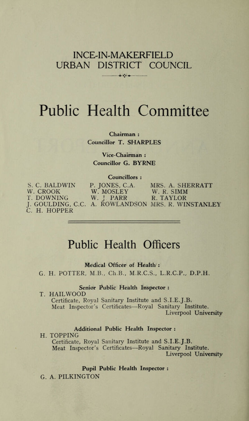 URBAN DISTRICT COUNCIL Public Health Committee Chairman : Councillor T. SHARPLES Vice-Chairman : Councillor G. BYRNE Councillors : P. JONES, C.A. MRS. A. SHERRATT W. MOSLEY W. R. SIMM W. J PARR R.TAYLOR J. GOULDING, C.C. A. ROWLANDSON MRS. R. WINSTANLEY C. H. HOPPER S. C. BALDWIN W. CROOK T. DOWNING Public Health Officers Medical Officer of Health : G. H. POTTER, M.B., Ch.B., M.R.C.S., L.R.C.P., D.P.H. Senior Public Health Inspector : T. HAILWOOD Certificate, Royal Sanitary Institute and S.I.E.J.B. Meat Inspector’s Certificates—Royal Sanitary Institute. Liverpool University Additional Public Health Inspector : H. TOPPING Certificate, Royal Sanitary Institute and S.I.E.J.B. Meat Inspector’s Certificates—Royal Sanitary Institute. Liverpool University Pupil Public Health Inspector : G. A. PILKINGTON