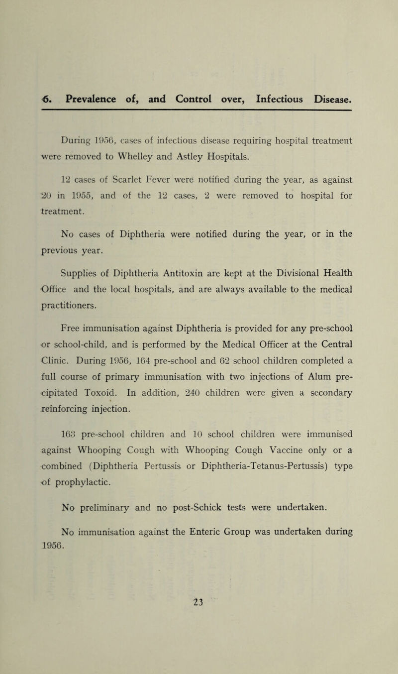 6. Prevalence of, and Control over, Infectious Disease. During 1956, cases of infectious disease requiring hospital treatment were removed to Whelley and Astley Hospitals. 12 cases of Scarlet Fever were notified during the year, as against 120 in 1955, and of the 12 cases, 2 were removed to hospital for treatment. No cases of Diphtheria were notified during the year, or in the previous year. Supplies of Diphtheria Antitoxin are kept at the Divisional Health Office and the local hospitals, and are always available to the medical practitioners. Free immunisation against Diphtheria is provided for any pre-school or school-child, and is performed by the Medical Officer at the Central Clinic. During 1956, 164 pre-school and 62 school children completed a full course of primary immunisation with two injections of Alum pre- cipitated Toxoid. In addition, 240 children were given a secondary reinforcing injection. 16d pre-school children and 10 school children were immunised against Whooping Cough with Whooping Cough Vaccine only or a combined (Diphtheria Pertussis or Diphtheria-Tetanus-Pertussis) type of prophylactic. No preliminary and no post-Schick tests were undertaken. No immunisation against the Enteric Group was undertaken during 1956.