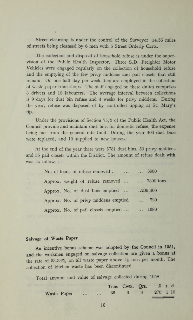 Street cleansing is under the control of the Surveyor, 14.56 miles of streets being cleansed by 6 men with 5 Street Orderly Carts. The collection and disposal of household refuse is under the super- vision of the Public Health Inspector. Three S.D. Freighter Motor Vehicles were engaged regularly on the collection of household refuse and the emptying of the few privy middens and pail closets that still remain. On one half day per week they are employed in the collection of waste paper from shops. The staff engaged on these duties comprises 3 drivers and 10 labourers. The average interval between collections is 9 days for dust bin refuse and 4 weeks for privy middens. During the year, refuse was disposed of by controlled tipping at St. Mary's tip. Under the provisions of Section 75/3 of the Public Health Act, the Council provide and maintain dust bins for domestic refuse, the expense being met from the general rate fund. During the year 406 dust bins were replaced, and 10 supplied to new houses. At the end of the year there were 5731 dust bins, 50 privy middens and 35 pail closets within the District. The amount of refuse dealt with was as follows :— No. of loads of refuse removed Approx, weight of refuse removed ... Approx. No. of dust bins emptied ... Approx. No. of privy middens emptied Approx. No. of pail closets emptied ... ... 3980 ... 7300 tons ..209,400 ... 720 ... 1680 Salvage of Waste Paper An incentive bonus scheme was adopted by the Council in 1951, and the workmen engaged on salvage collection are given a bonus at the rate of 33.33% on all waste paper above 4-|- tons per month. The collection of kitchen waste has been discontinued. Total amount and value of salvage collected during 1958 Tons Cwts. Qrs. £ s. d. Waste Paper 36 0 3 270 1 10